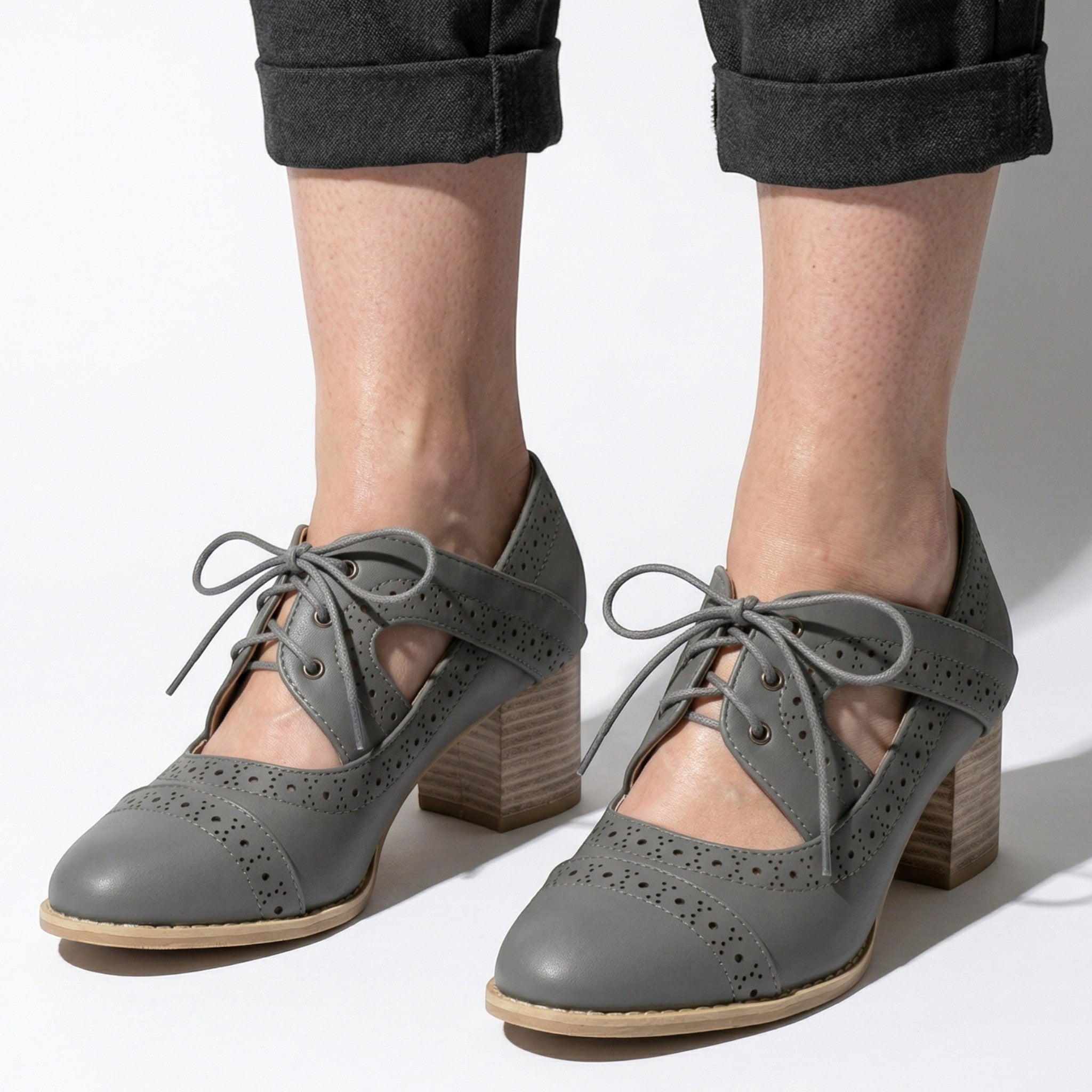 Lottie - Women's Brogue Block Heel Shoes - Shoes - Grey - Taylor & Bennett