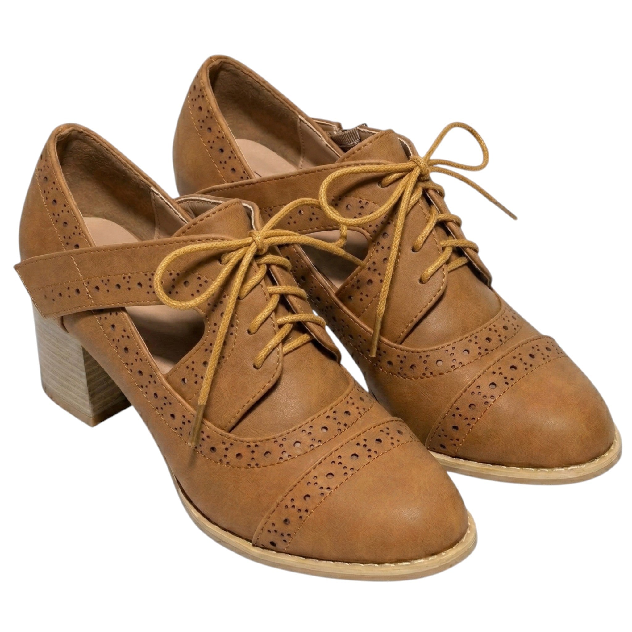 Lottie - Women's Brogue Block Heel Shoes - Shoes - Beige - Taylor & Bennett