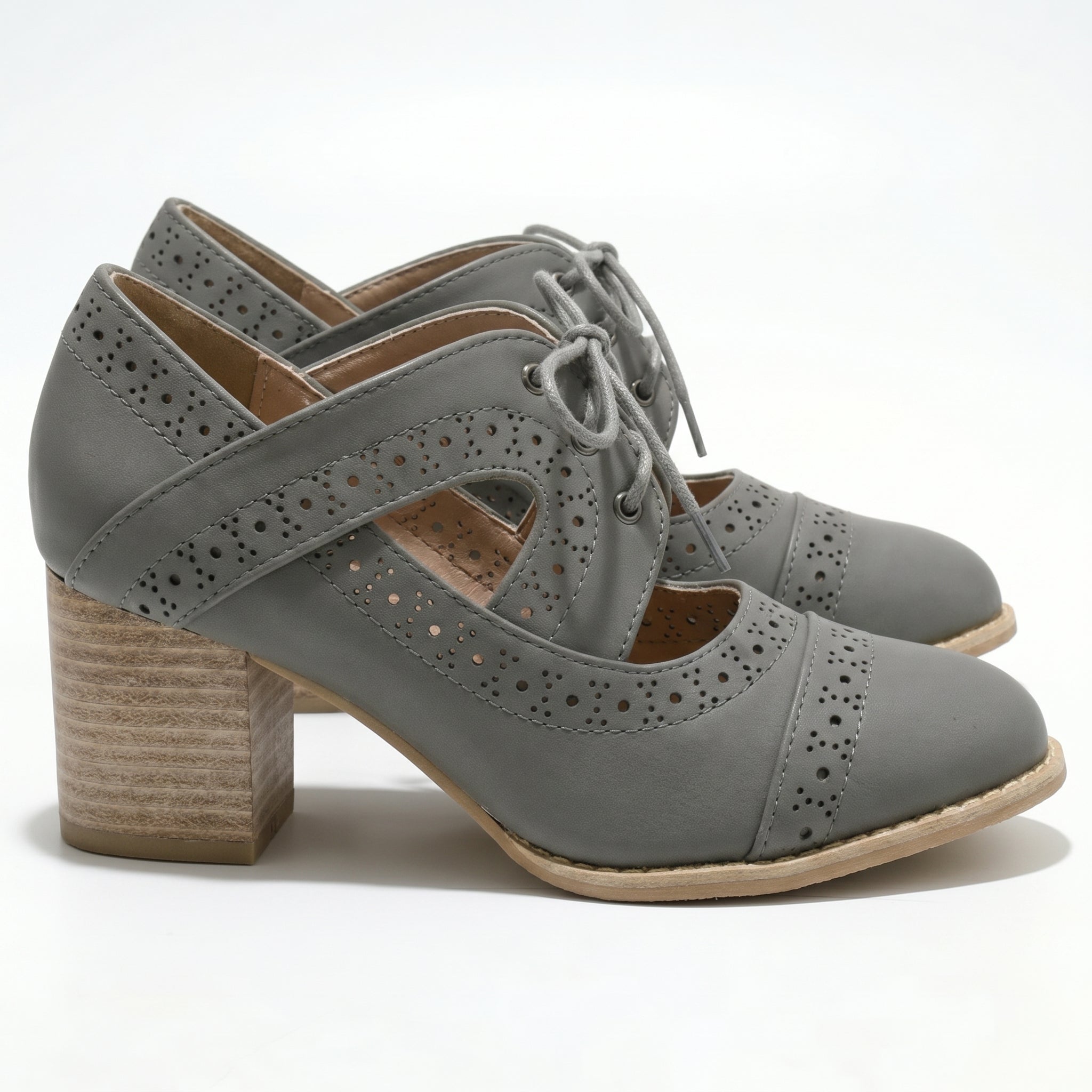 Lottie - Women's Brogue Block Heels - Shoes - Grey - Taylor & Bennett