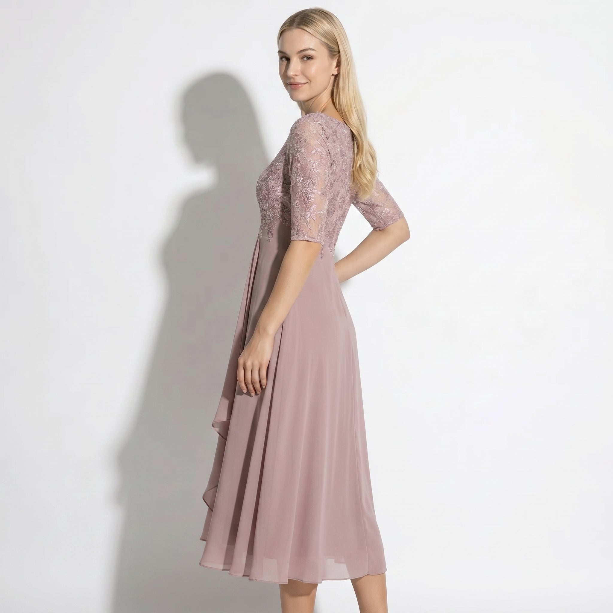 Louisa - Women's Lace and Chiffon Midi Dress - Dress - Pink - Taylor & Bennett