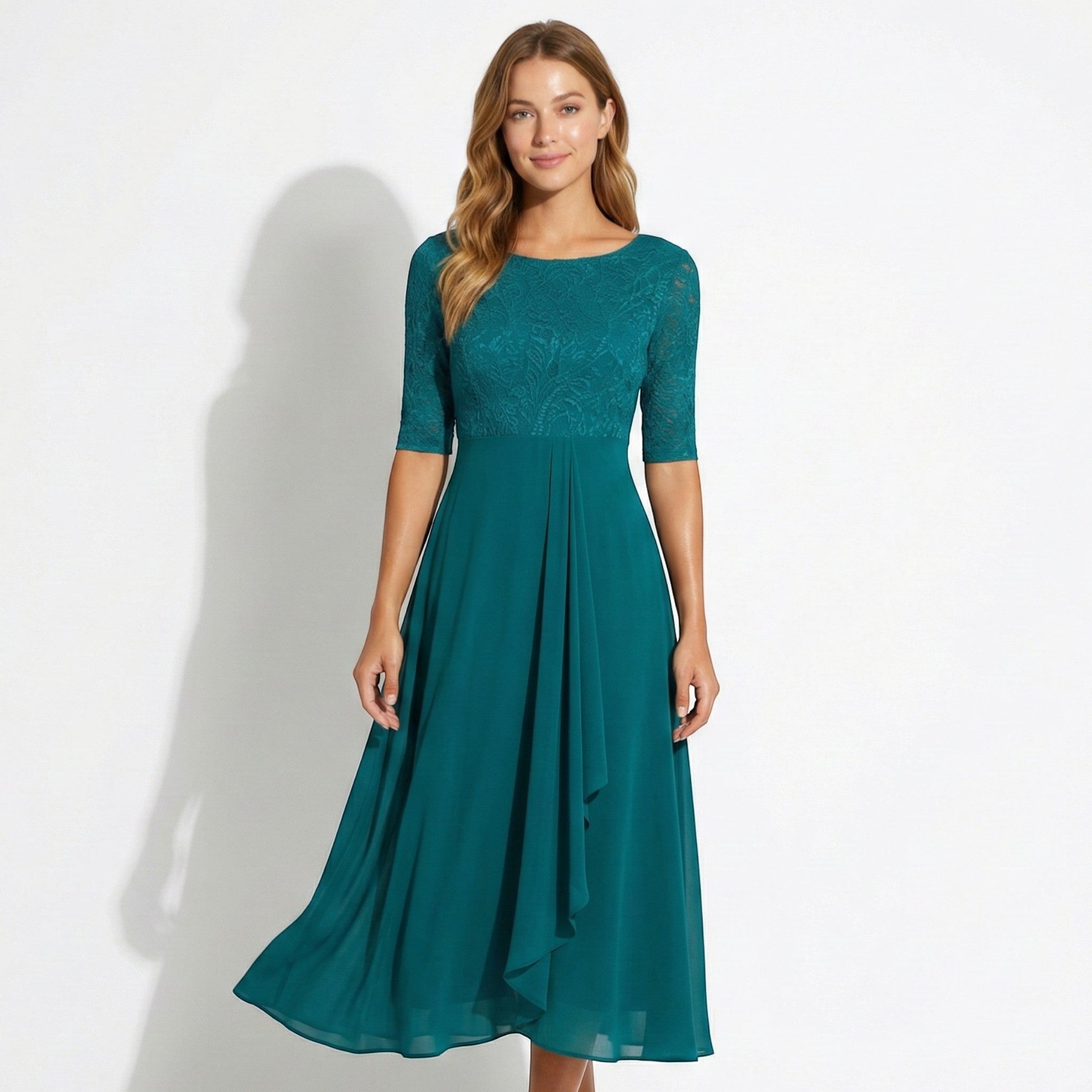 Louisa - Women's Lace and Chiffon Midi Dress - Dress - Dark Green - Taylor & Bennett