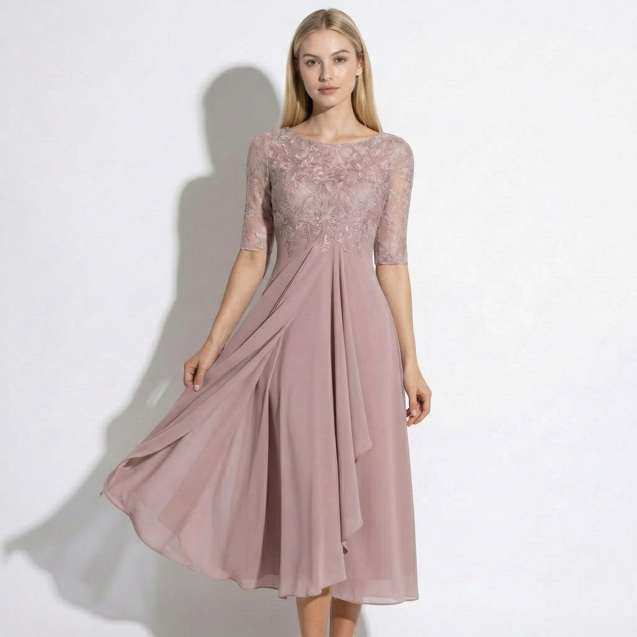 Louisa - Women's Lace and Chiffon Midi Dress - Dress - Pink - Taylor & Bennett