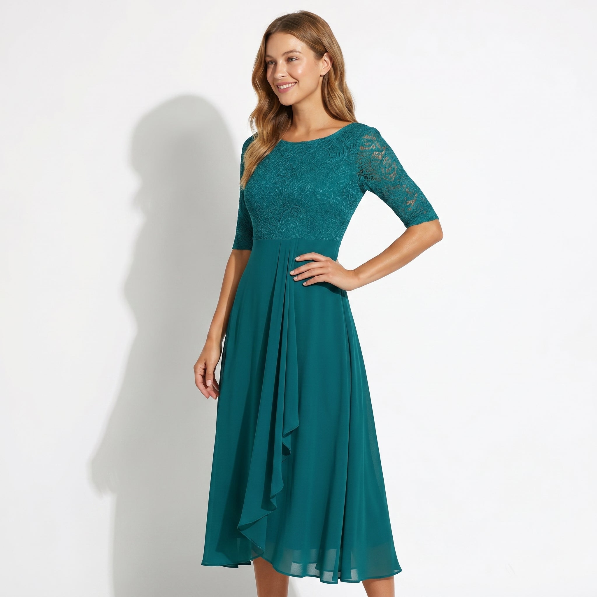Louisa - Women's Lace and Chiffon Midi Dress - Dress - Dark Green - Taylor & Bennett