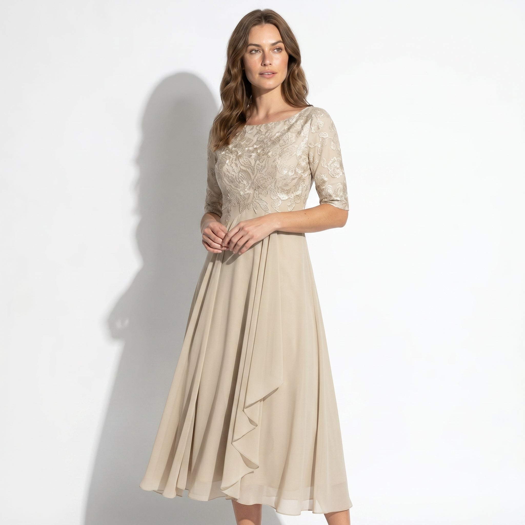 Louisa - Women's Lace and Chiffon Midi Dress - Dress - Light Yellow - Taylor & Bennett