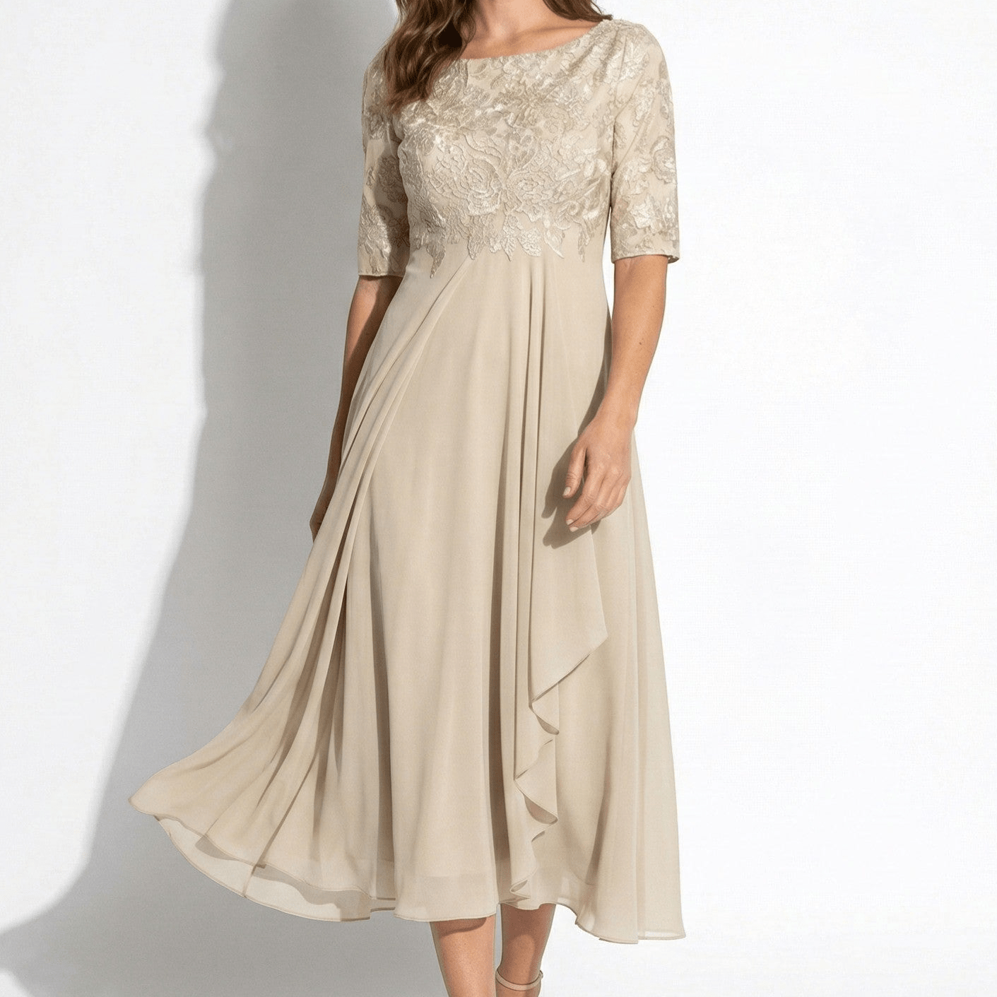 Louisa - Women's Lace and Chiffon Midi Dress - Dress - Light Yellow - Taylor & Bennett