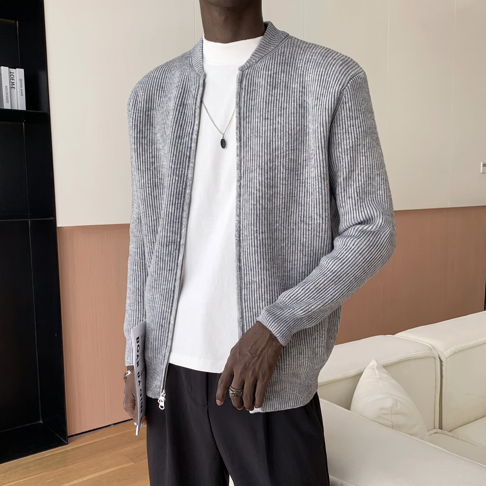 Marcus - Men's Ribbed Zip-Up Cardigan with Bomber Collar - Cardigans - Grey - Taylor & Bennett