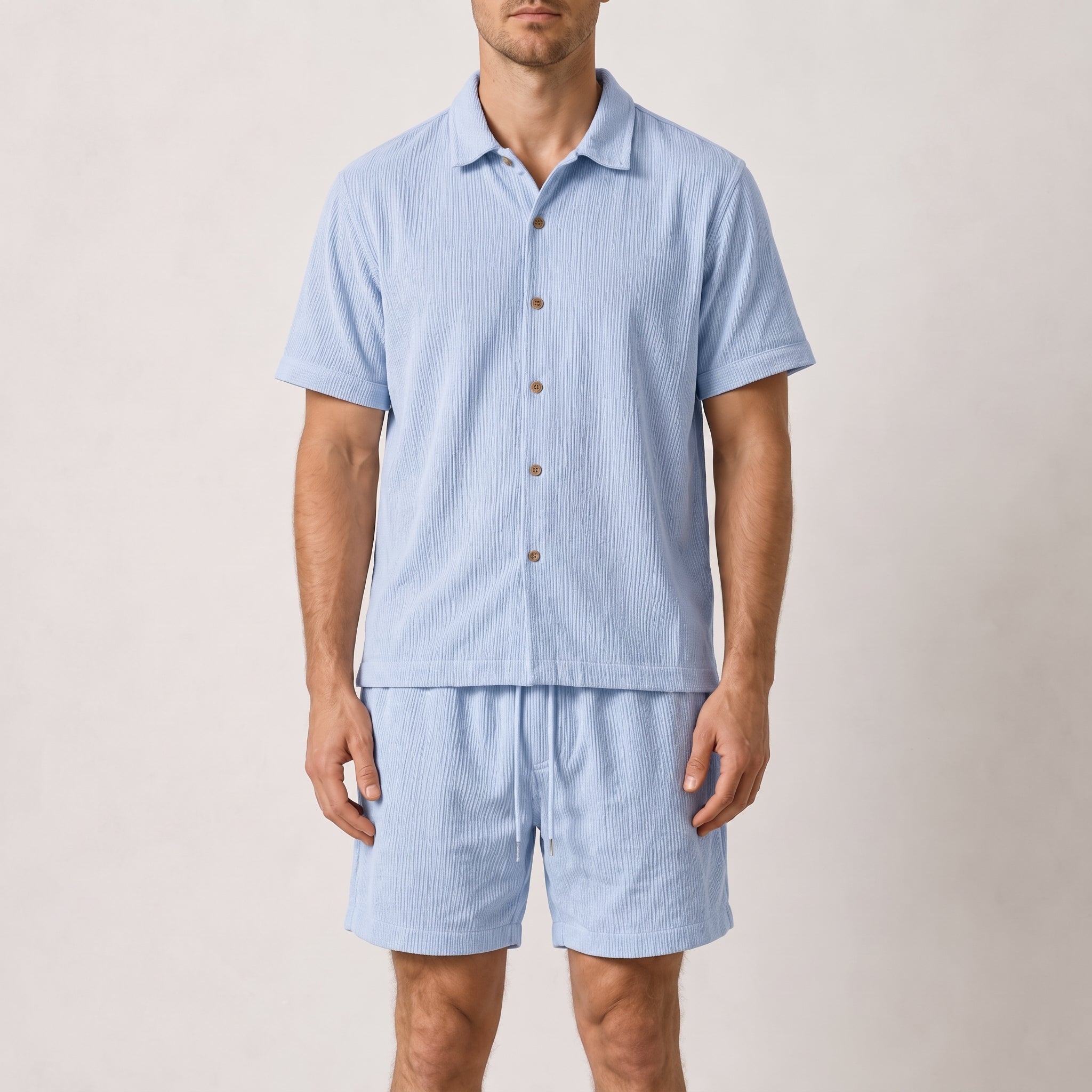 Marcus - Men's Summer Ribbed Texture Point Collar Co-ord Set - Outfit Sets - Blue - Taylor & Bennett