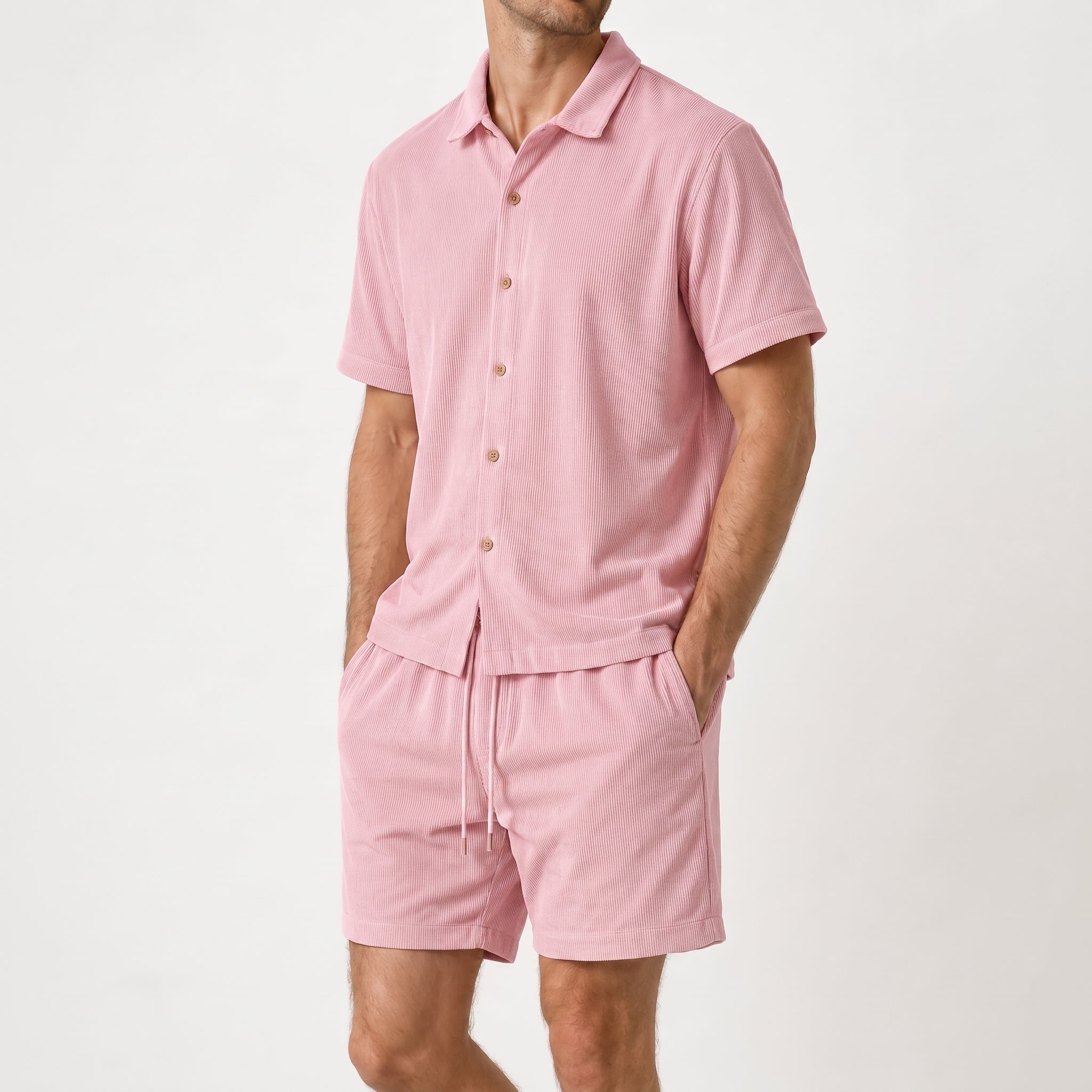Marcus - Men's Summer Ribbed Texture Point Collar Co-ord Set - Outfit Sets - Pink - Taylor & Bennett