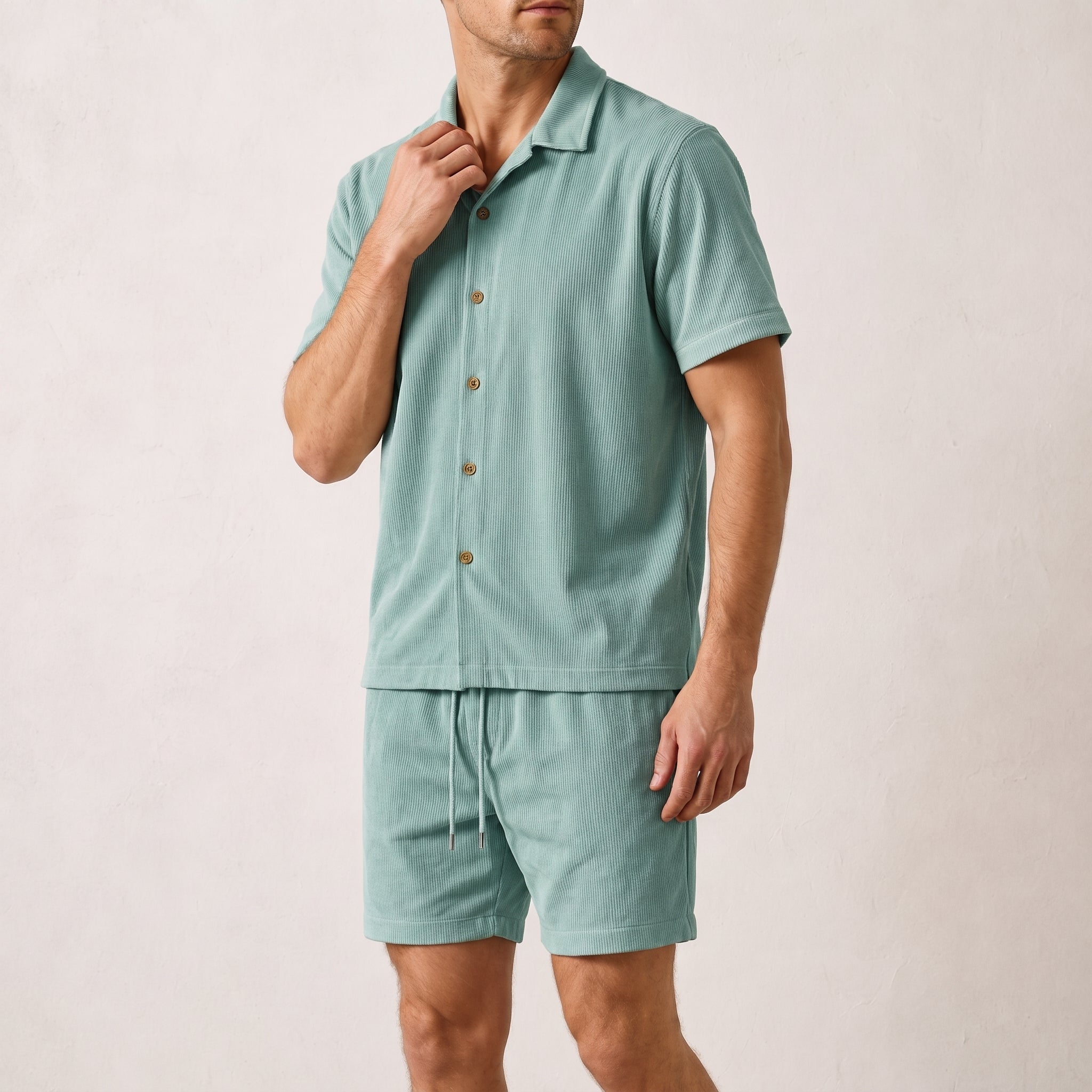 Marcus - Men's Summer Ribbed Texture Point Collar Co-ord Set - Outfit Sets - Green - Taylor & Bennett