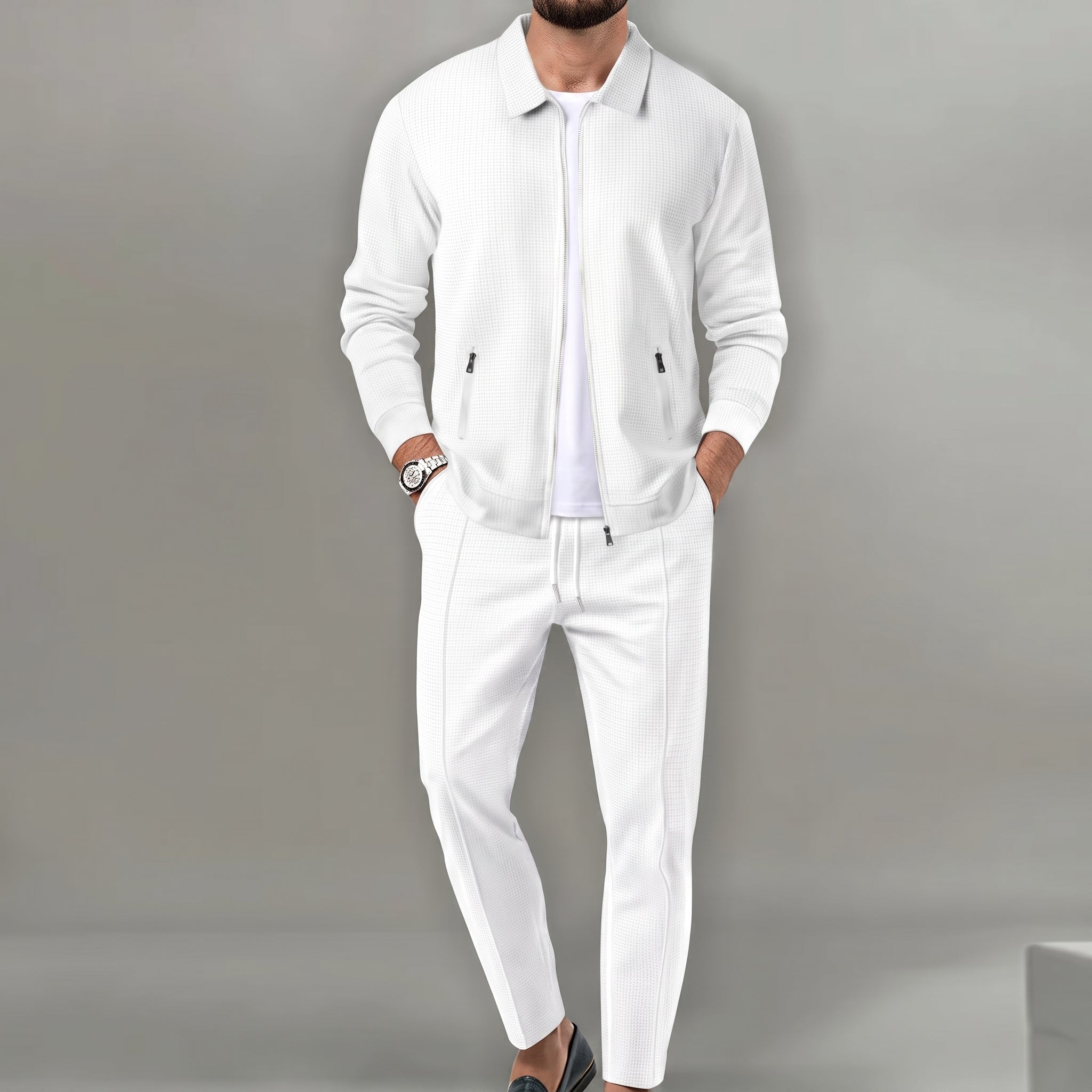 Marcus - Men's Two-Piece Textured Zip-Up Trouser Set - 3-piece sets - White - Taylor & Bennett