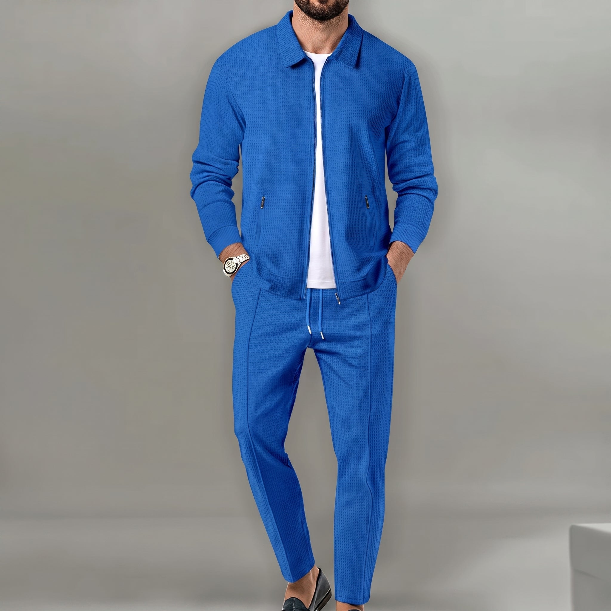 Marcus - Men's Two-Piece Textured Zip-Up Trouser Set - 3-piece sets - Blue - Taylor & Bennett