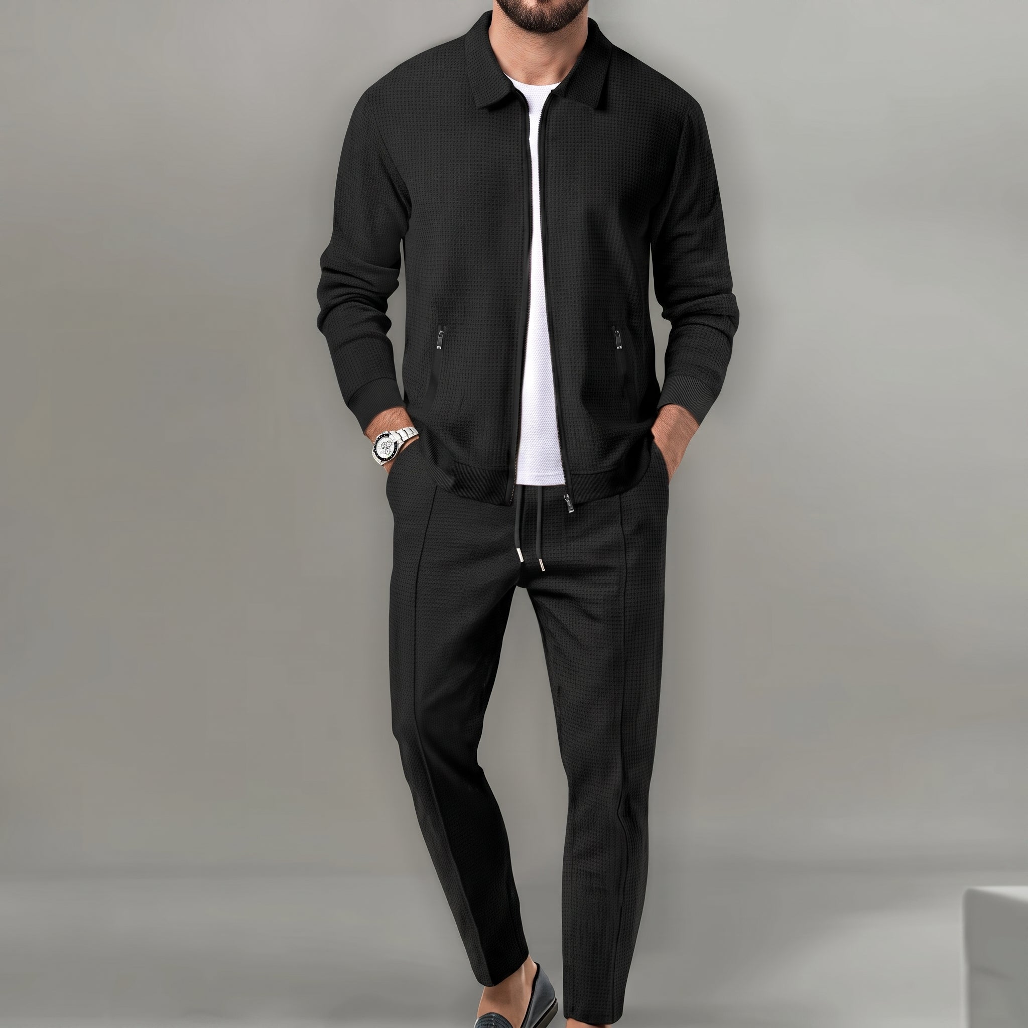 Marcus - Men's Two-Piece Textured Zip-Up Trouser Set - 3-piece sets - Black - Taylor & Bennett