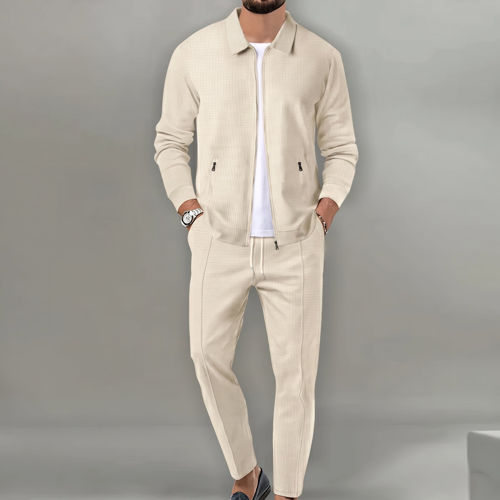 Marcus - Men's Two-Piece Textured Zip-Up Trouser Set - 3-piece sets - Beige - Taylor & Bennett