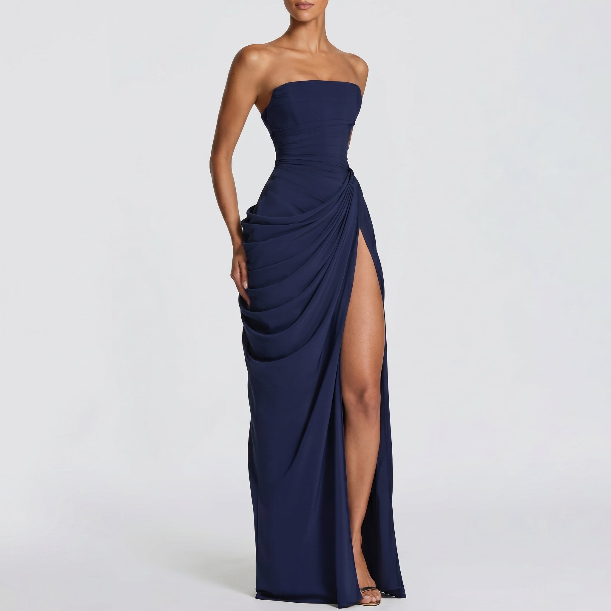Margot - Women's Bridesmaid Strapless Ruched Maxi Dress - Maxi Dress - Navy Blue - Taylor & Bennett