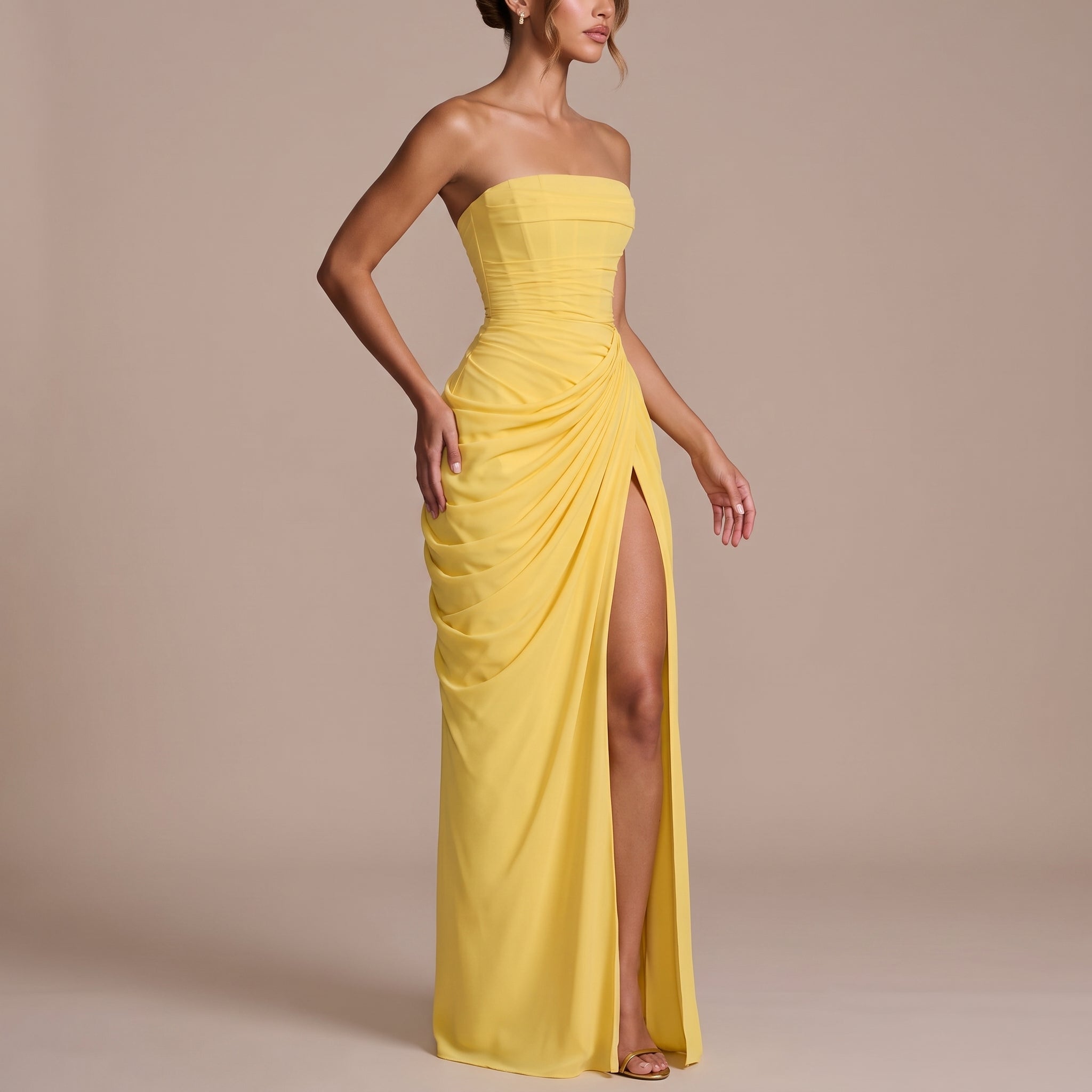 Margot - Women's Bridesmaid Strapless Ruched Maxi Dress - Maxi Dress - Yellow - Taylor & Bennett