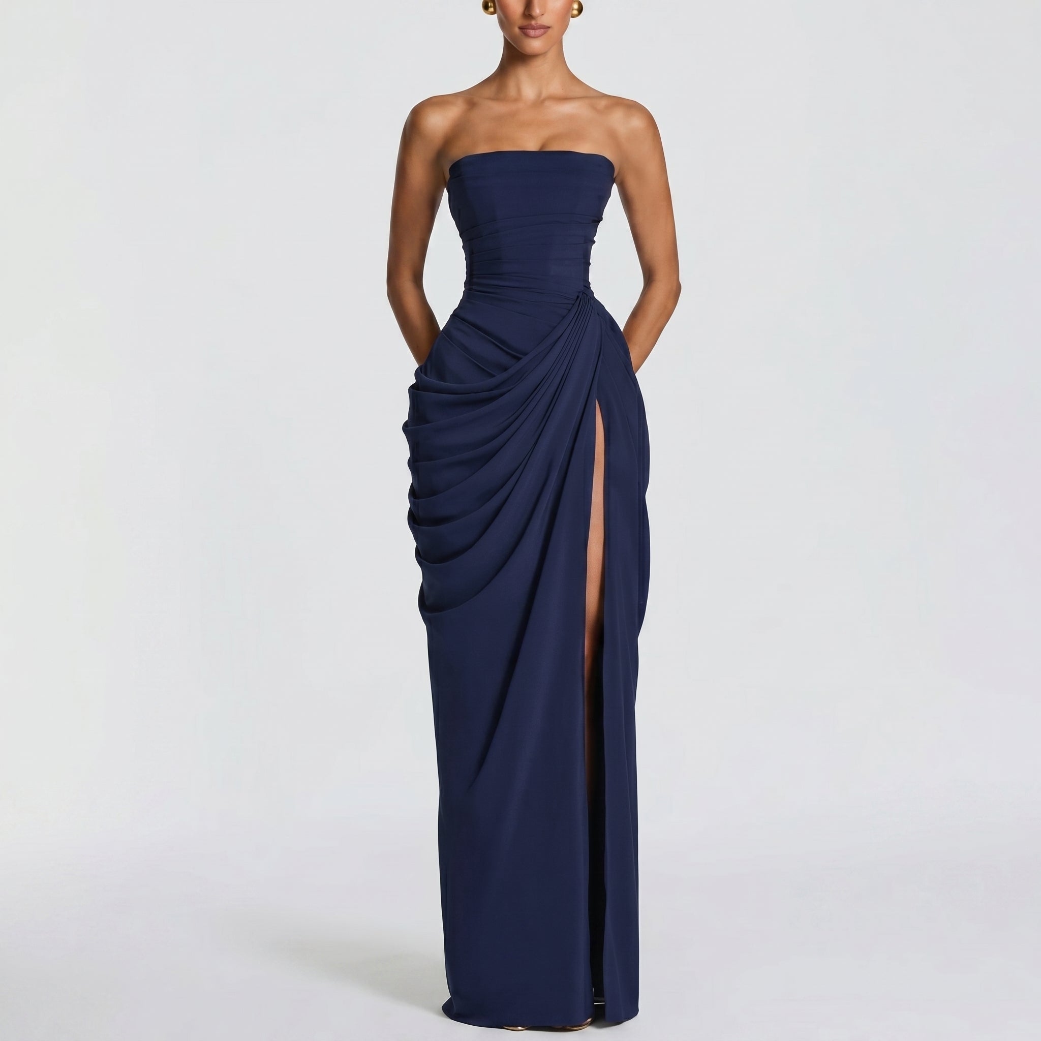 Margot - Women's Bridesmaid Strapless Ruched Maxi Dress - Maxi Dress - Navy Blue - Taylor & Bennett