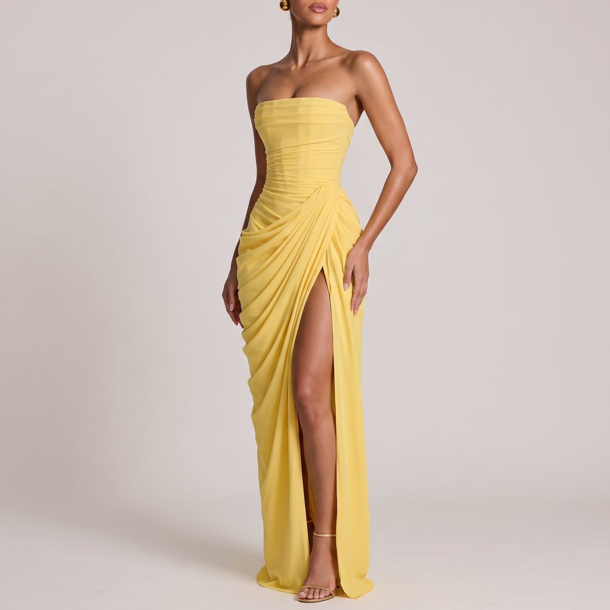 Margot - Women's Bridesmaid Strapless Ruched Maxi Dress - Maxi Dress - Yellow - Taylor & Bennett