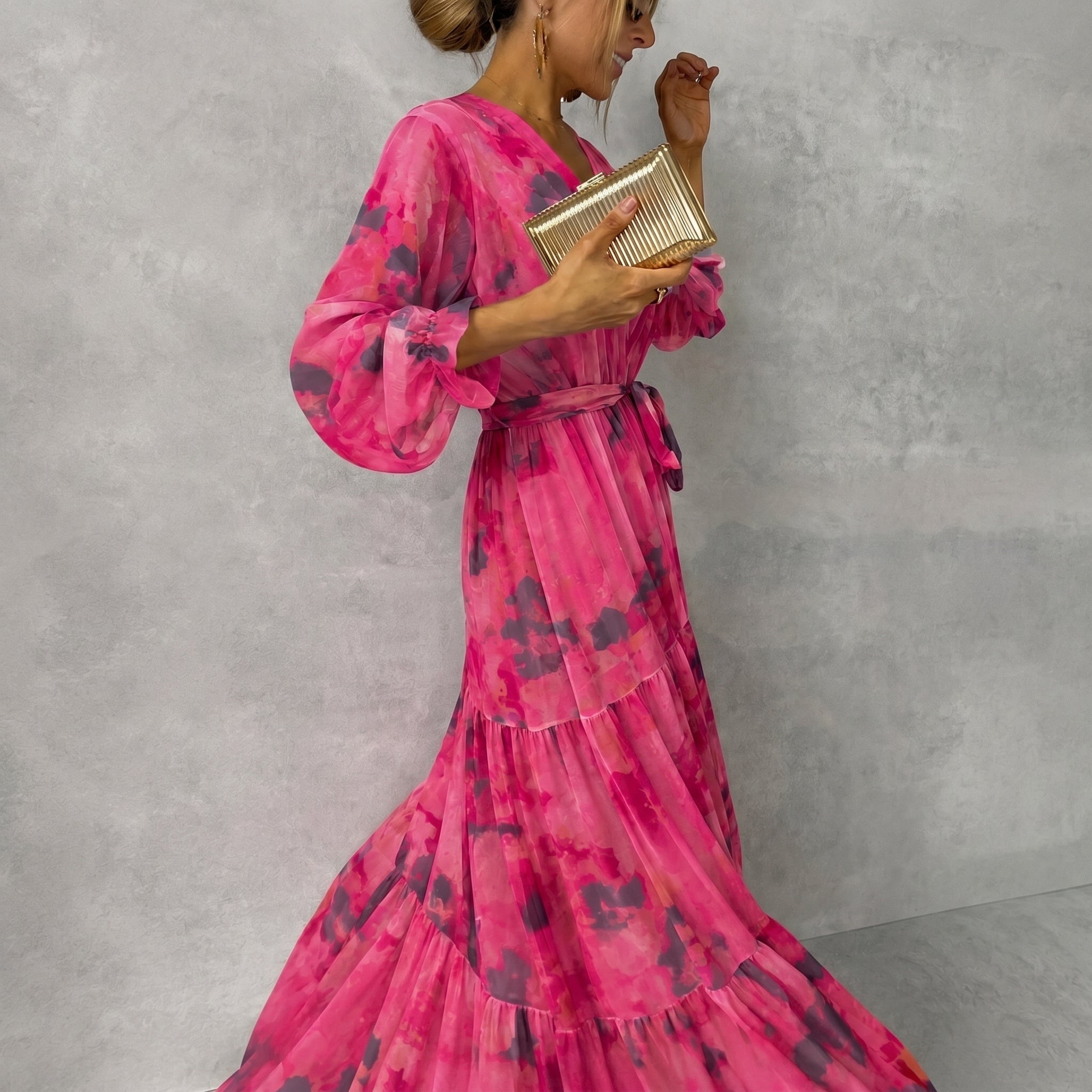 Margot - Women's Wedding Guest Printed Belted Maxi Dress - Dresses - Rose Red - Taylor & Bennett