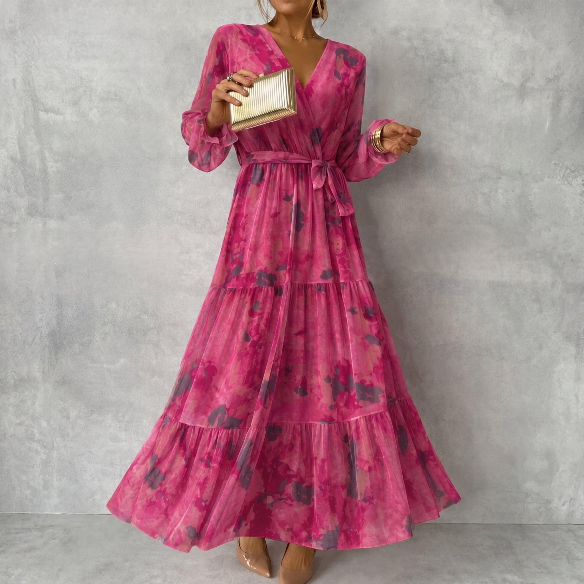 Margot - Women's Wedding Guest Printed Belted Maxi Dress - Dresses - Rose Red - Taylor & Bennett