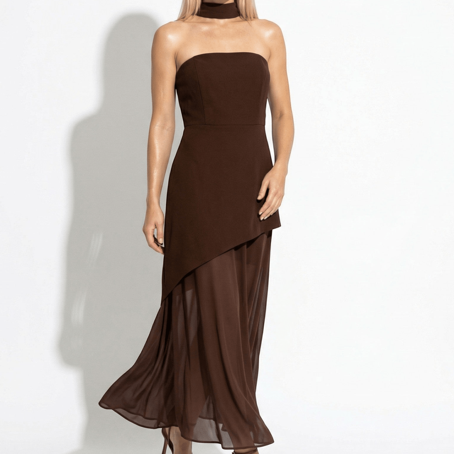 Mary - Women's Strapless Maxi Dress with Asymmetrical Hem - Maxi Dress - Brown - Taylor & Bennett