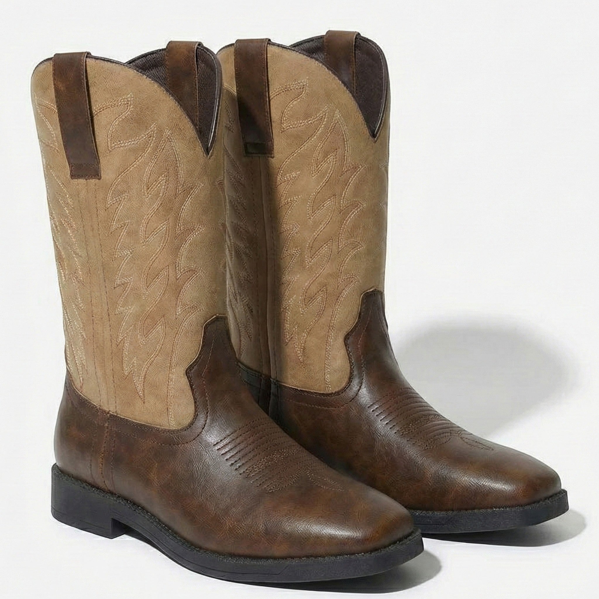 Matthew - Men's Embroidered Square Toe Western Cowboy Boots - Boots - Khaki - Taylor & Bennett