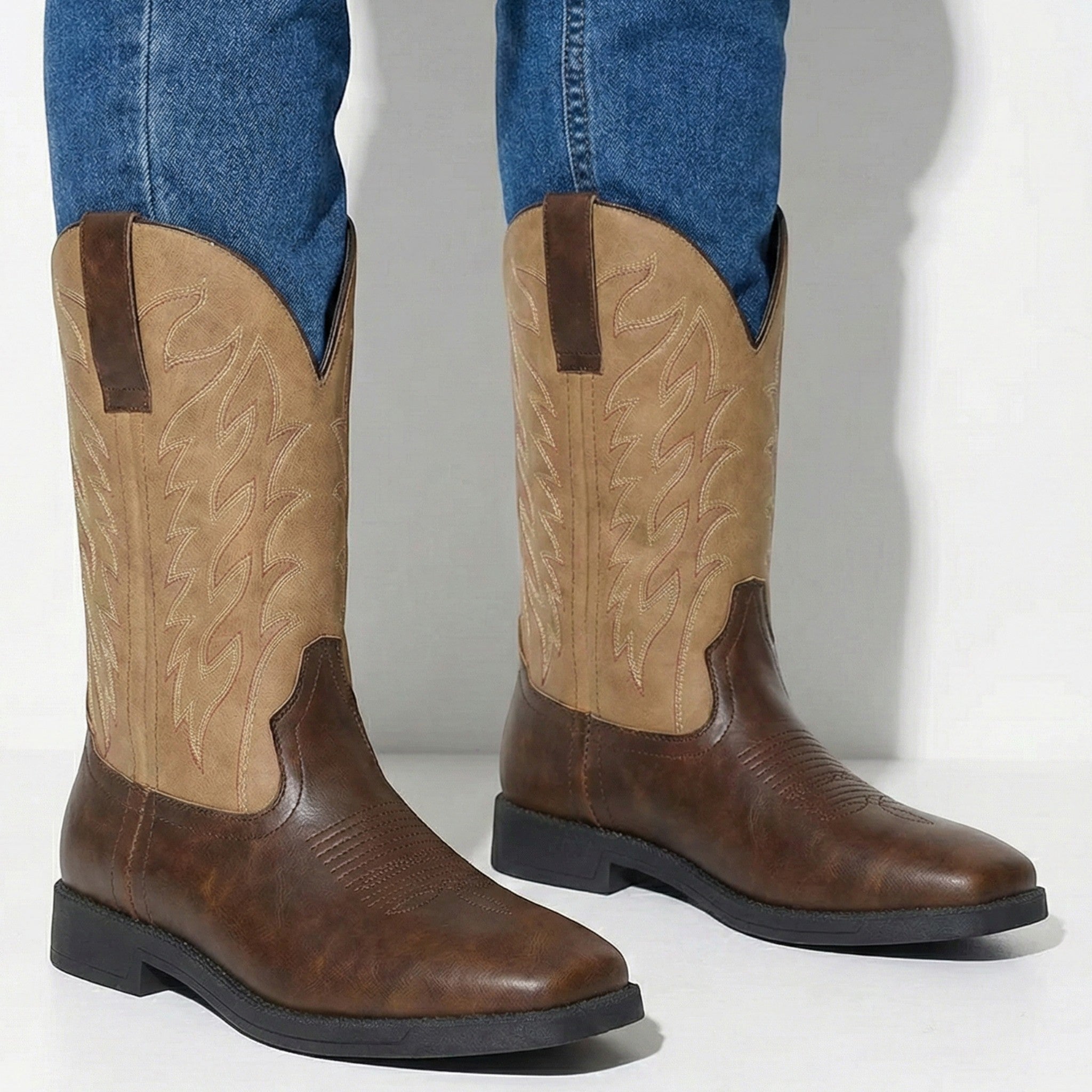 Matthew - Men's Embroidered Square Toe Western Cowboy Boots - Boots - Khaki - Taylor & Bennett