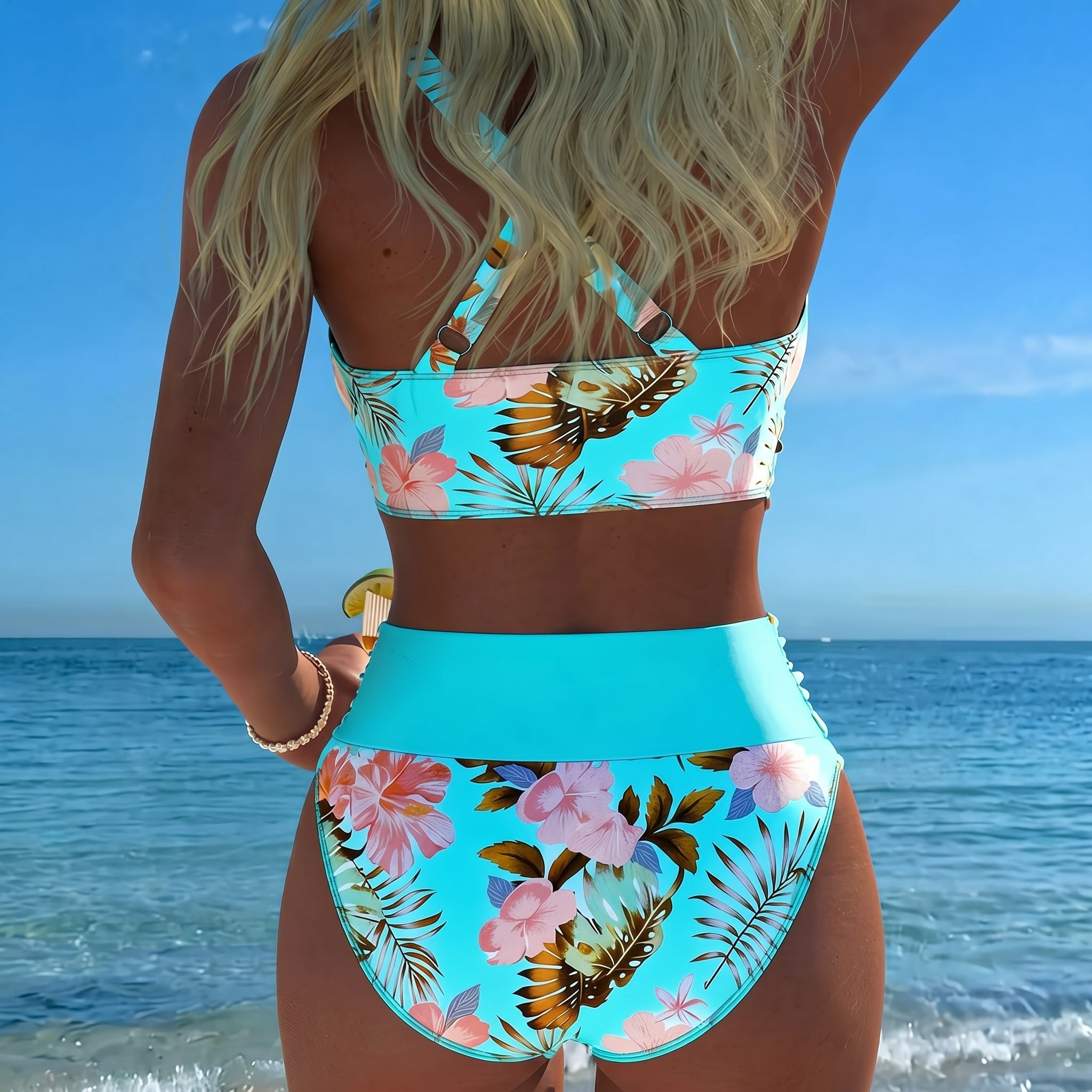 Maya - Women's High - Waisted Two - Piece Bikini Set - Split Bikini - Blue - Taylor & Bennett