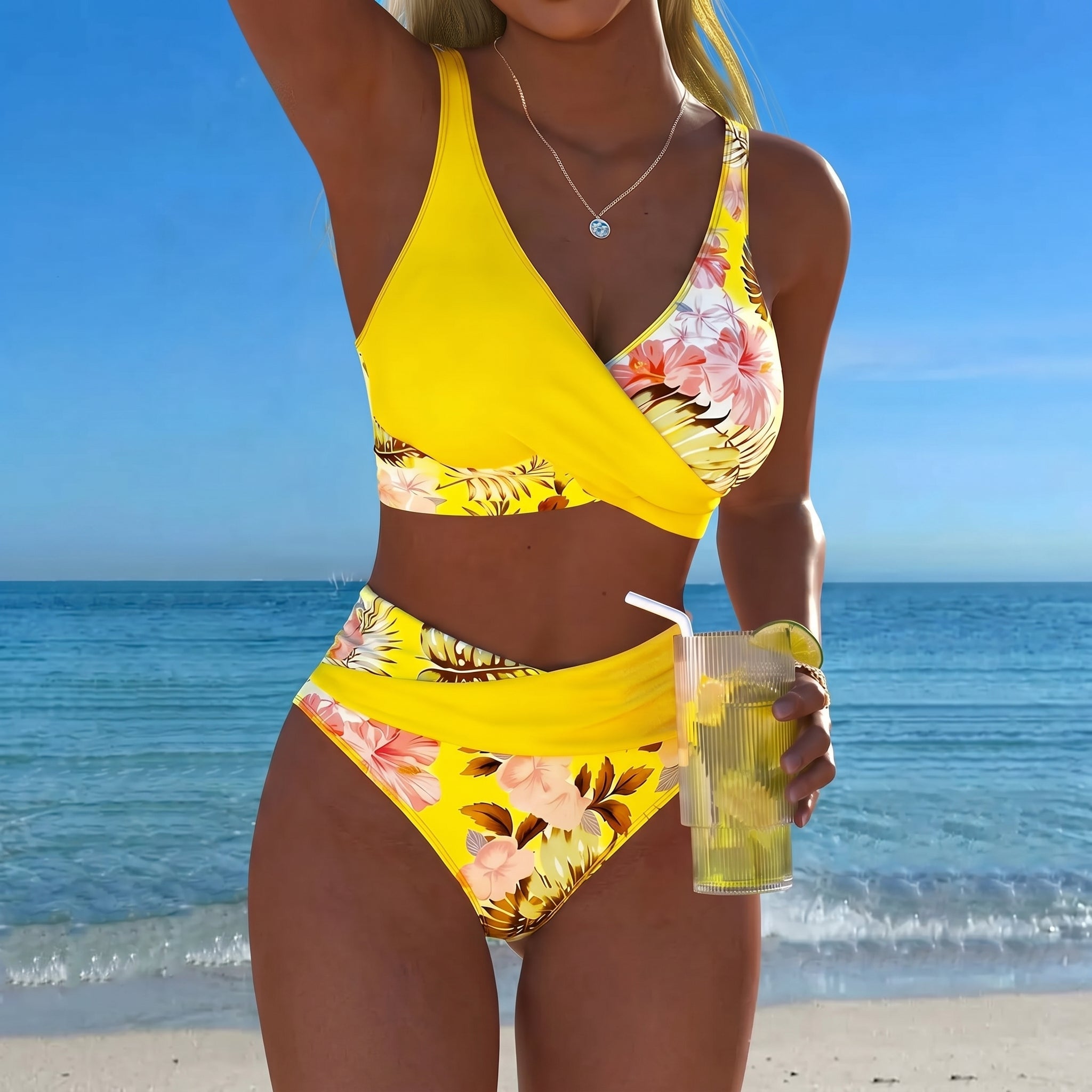 Maya - Women's High - Waisted Two - Piece Bikini Set - Split Bikini - Yellow - Taylor & Bennett