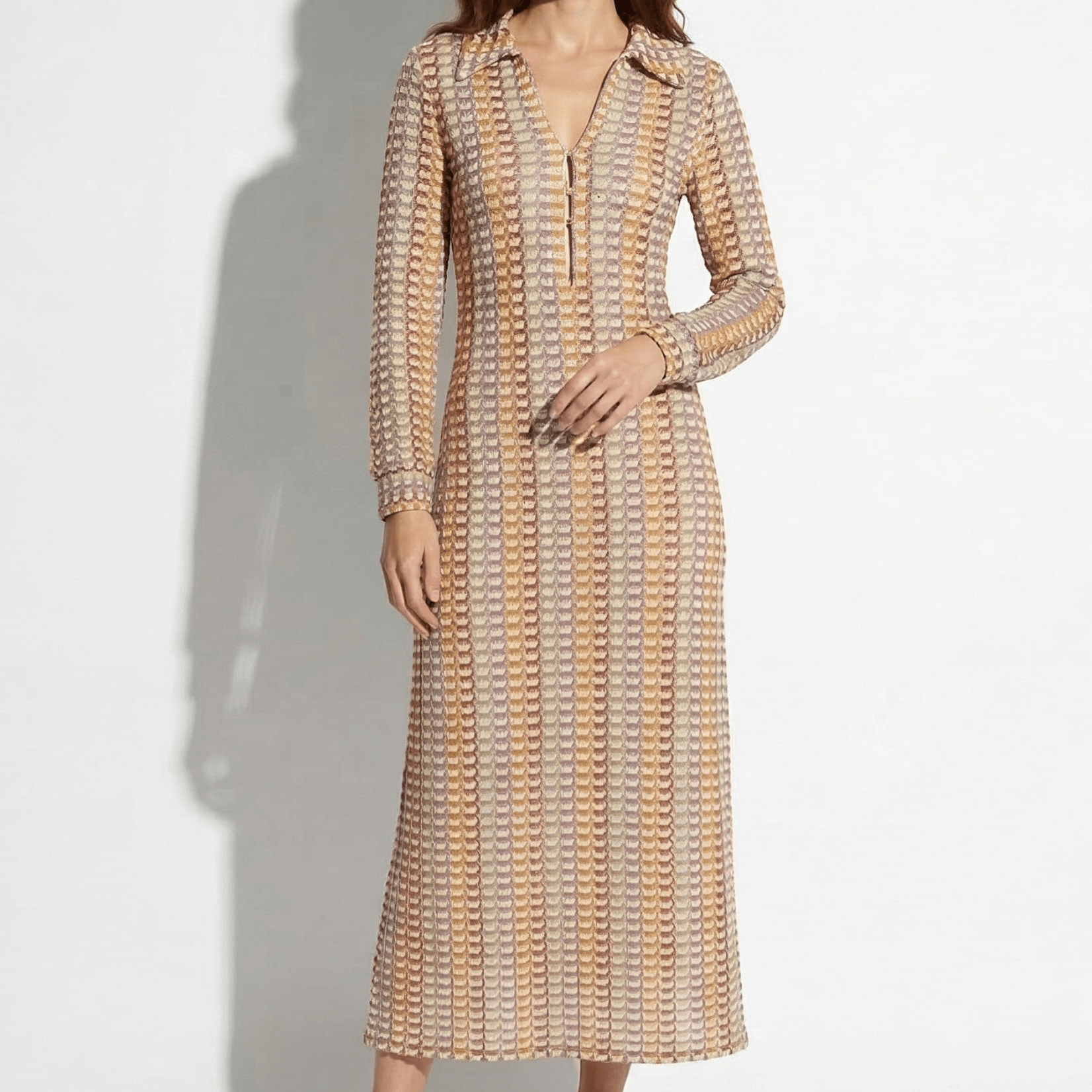 Mia - Women's Geometric Print Long Sleeve Maxi Dress - Maxi Dresses - Brown - Taylor & Bennett
