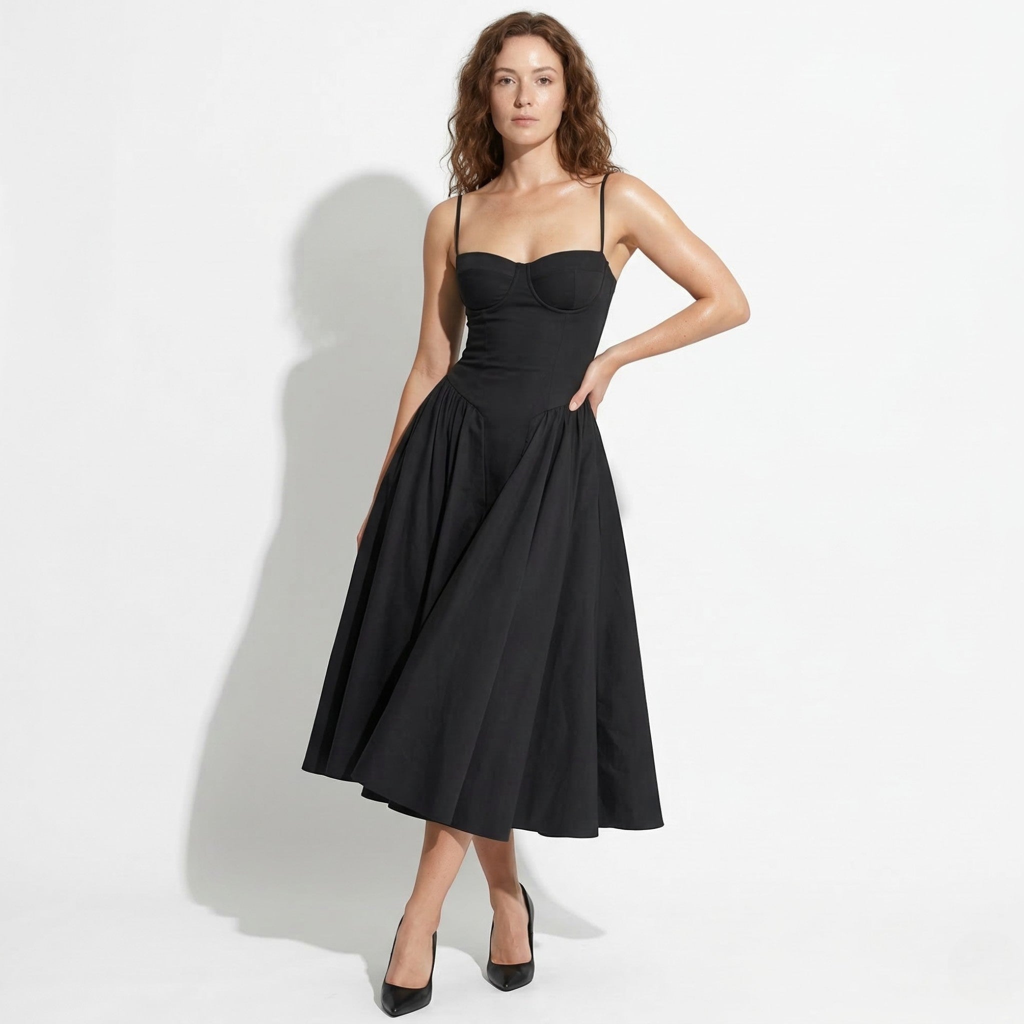Mia - Women’s Structured Bodice Flared Midi Dress - Midi Dresses - Black - Taylor & Bennett