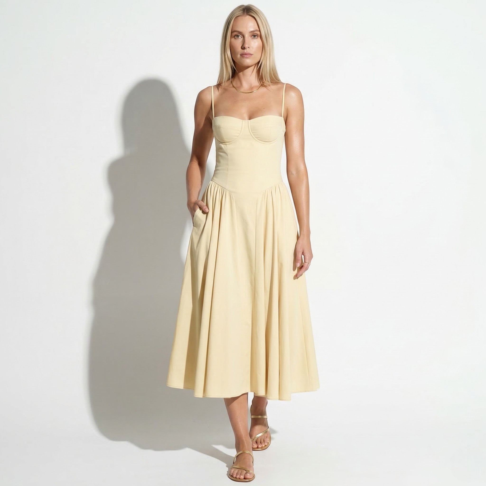 Mia - Women’s Structured Bodice Flared Midi Dress - Midi Dresses - Yellow - Taylor & Bennett