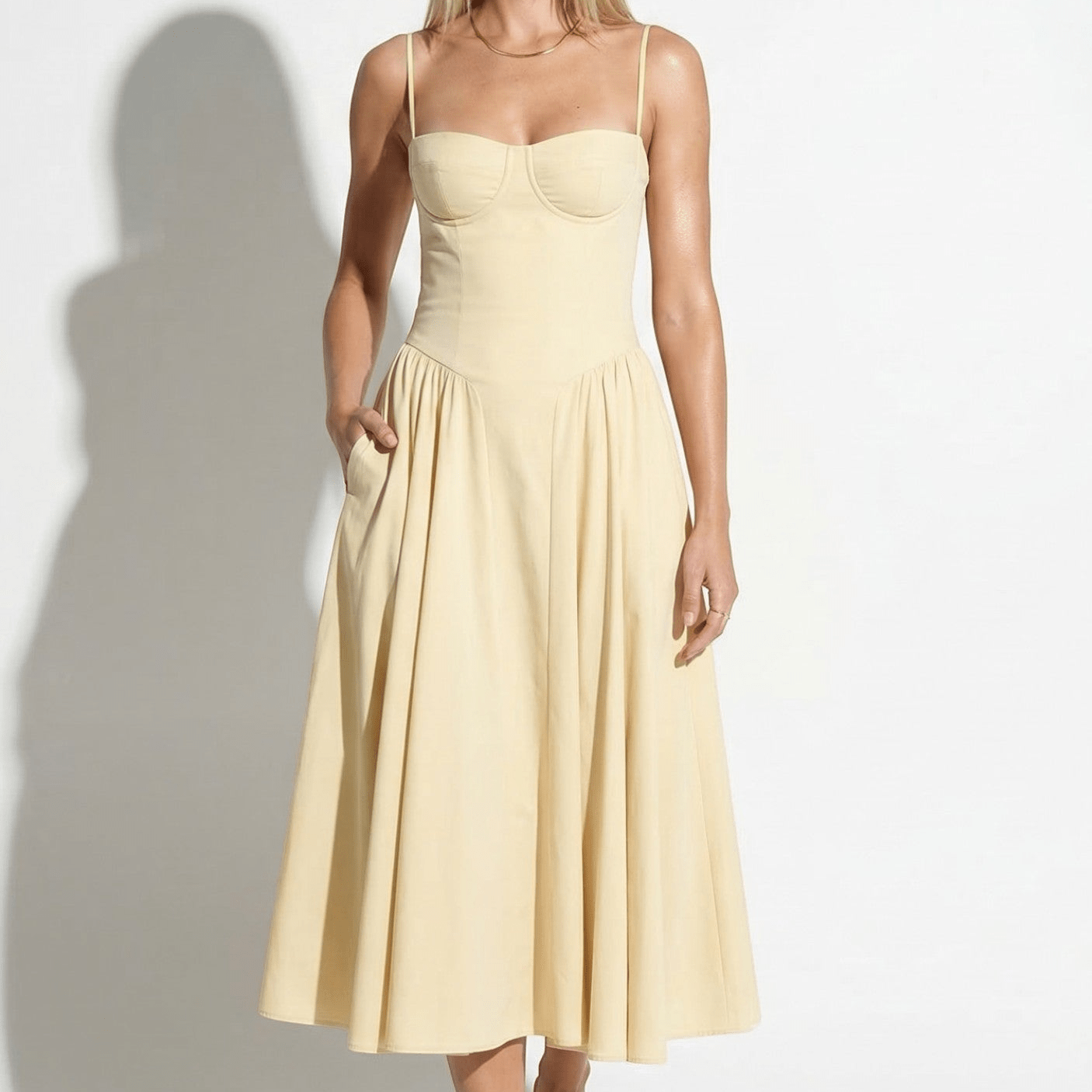 Mia - Women’s Structured Bodice Flared Midi Dress - Midi Dresses - Yellow - Taylor & Bennett