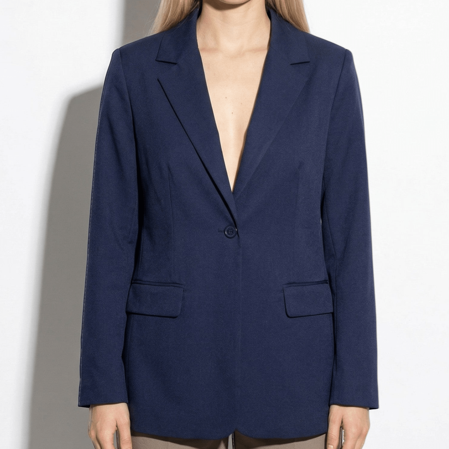 Mia - Women's Tailored Blazer with Single Button Closure - Blazer - Dark Blue - Taylor & Bennett