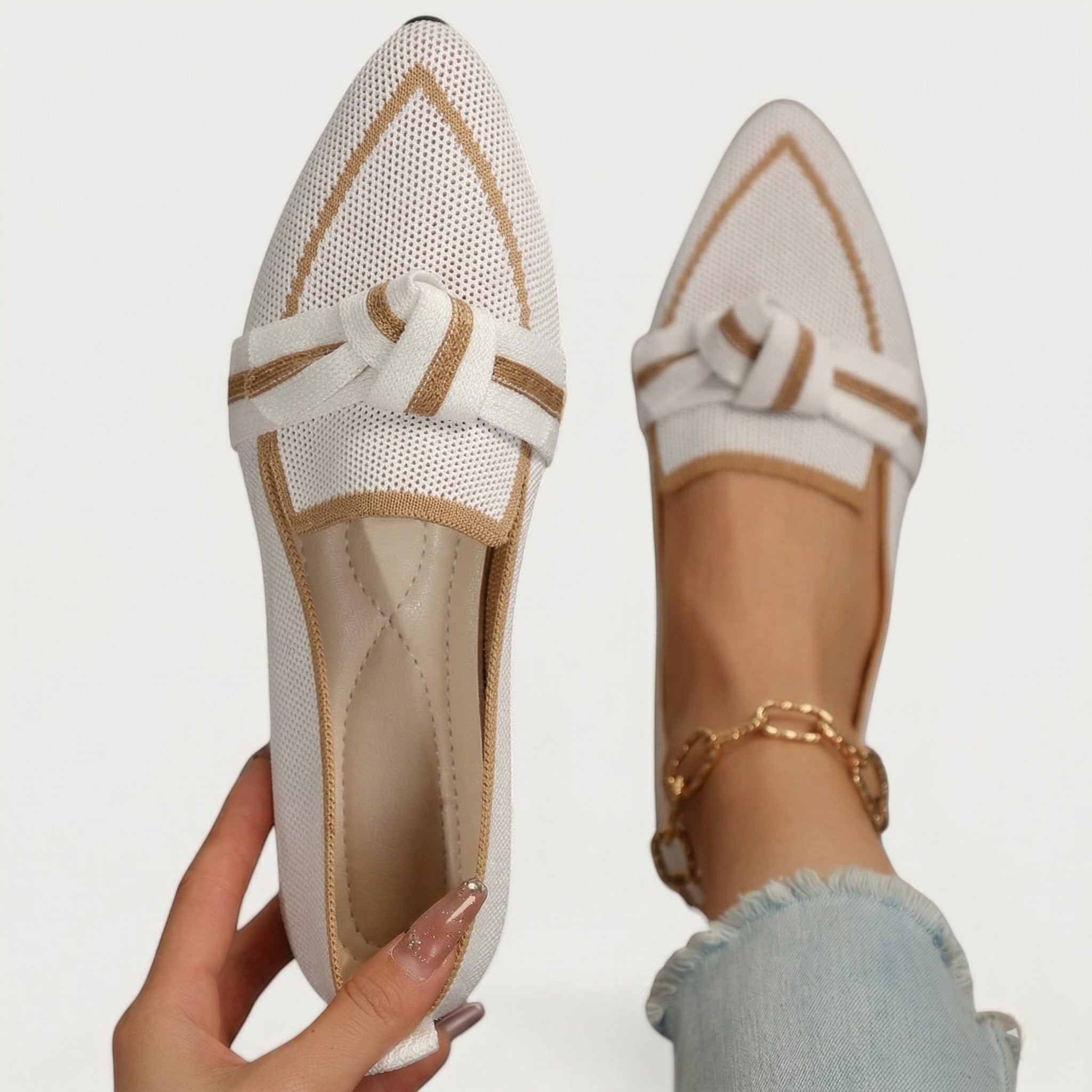Millie - Women's Pointed Toe Knit Loafers - Loafers - White - Taylor & Bennett
