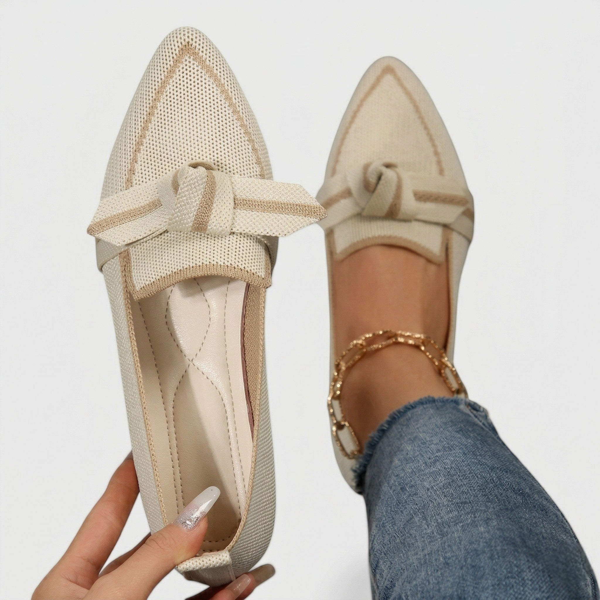 Millie - Women's Pointed Toe Knit Loafers - Loafers - Beige - Taylor & Bennett