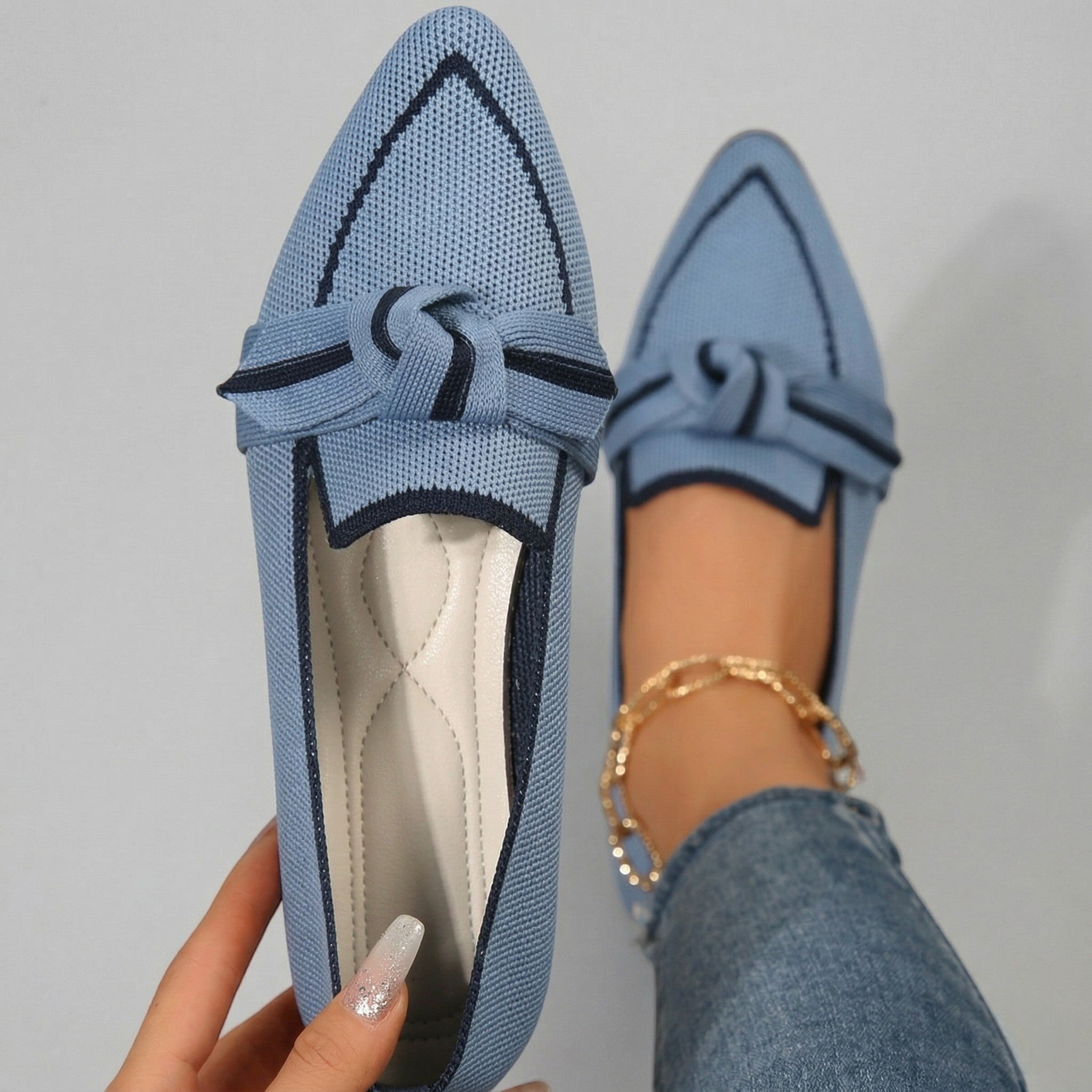 Millie - Women's Pointed Toe Knit Loafers - Loafers - Light Blue - Taylor & Bennett
