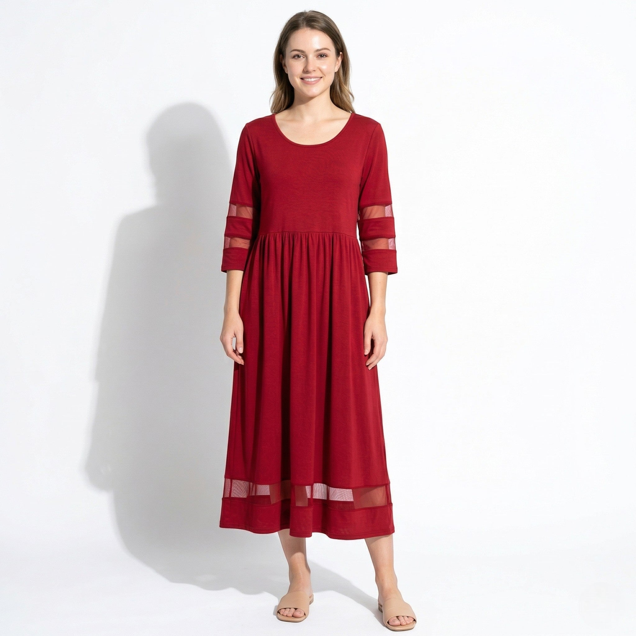 Nadia – Women's Mesh Trim Maxi Dress - Maxi Dress - Red - Taylor & Bennett