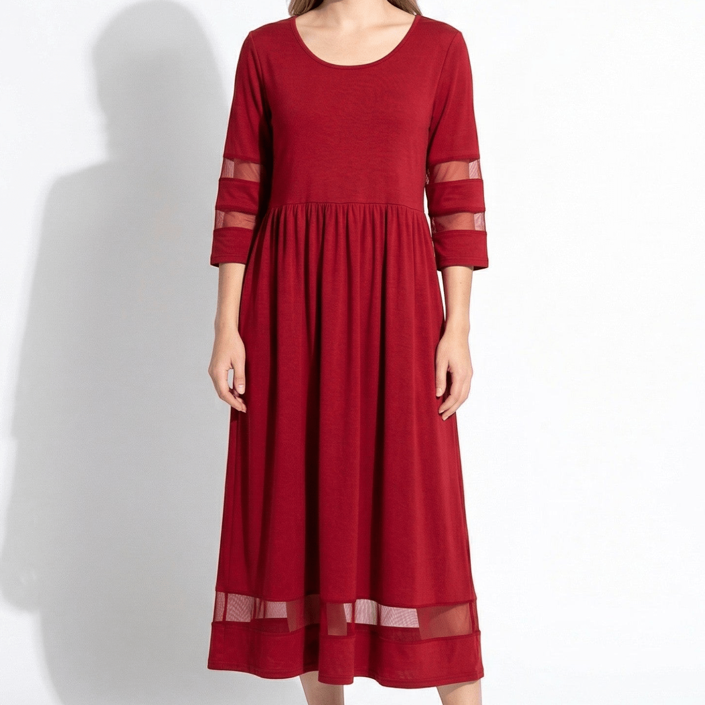 Nadia – Women's Mesh Trim Maxi Dress - Maxi Dress - Red - Taylor & Bennett