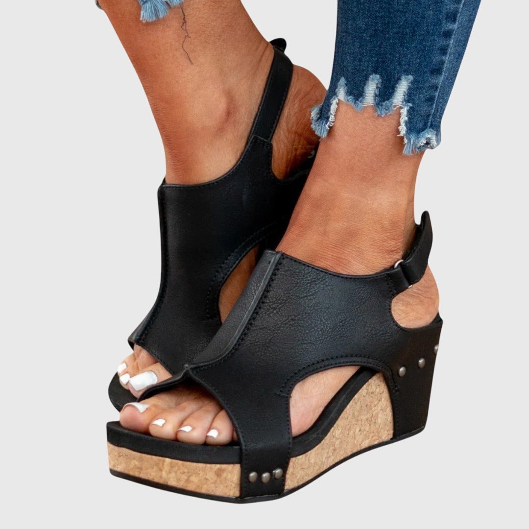 Nadia - Women's Open Toe Wedge Sandals - Sandals - Black - Taylor & Bennett