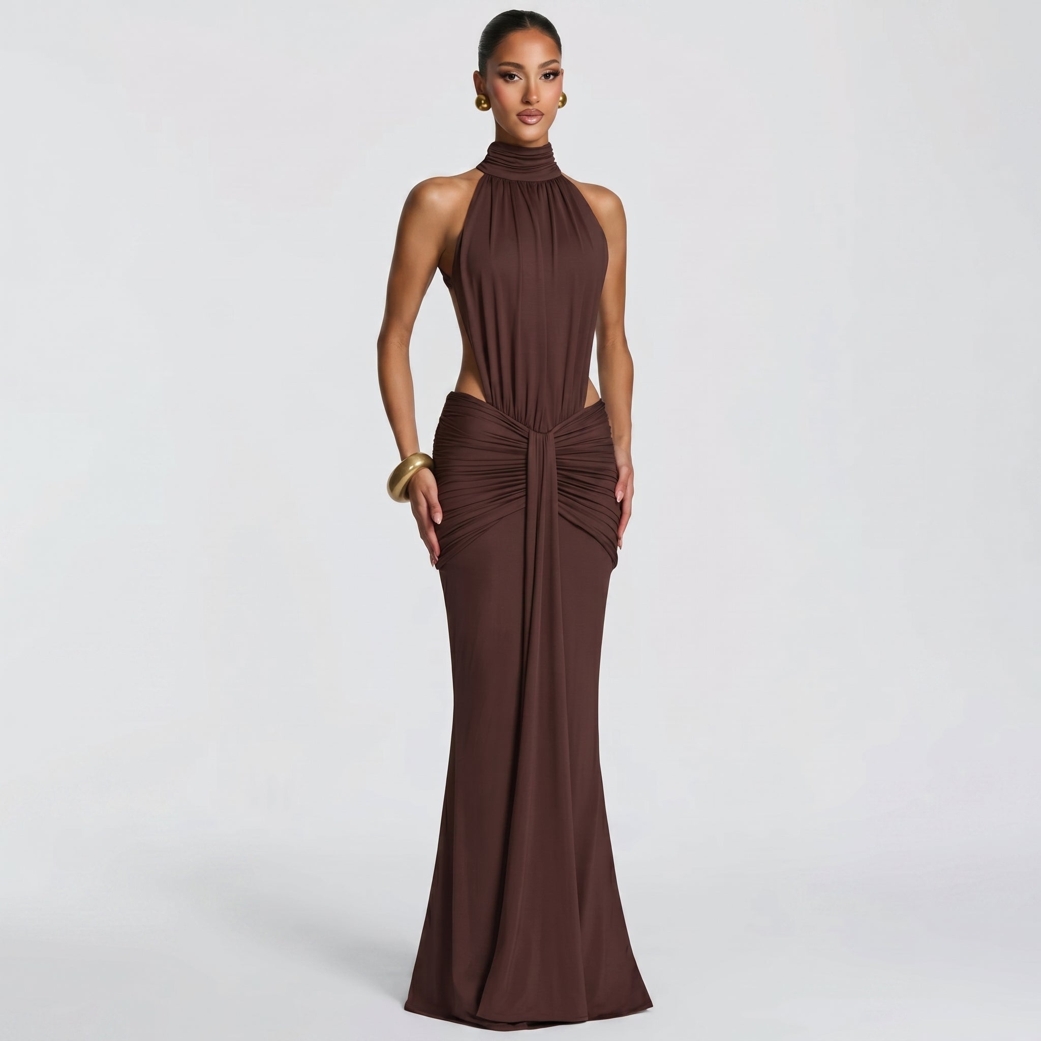 Naomi - Women's Evening Halterneck Bodycon Maxi Dress - Maxi Dress - Brown - Taylor & Bennett