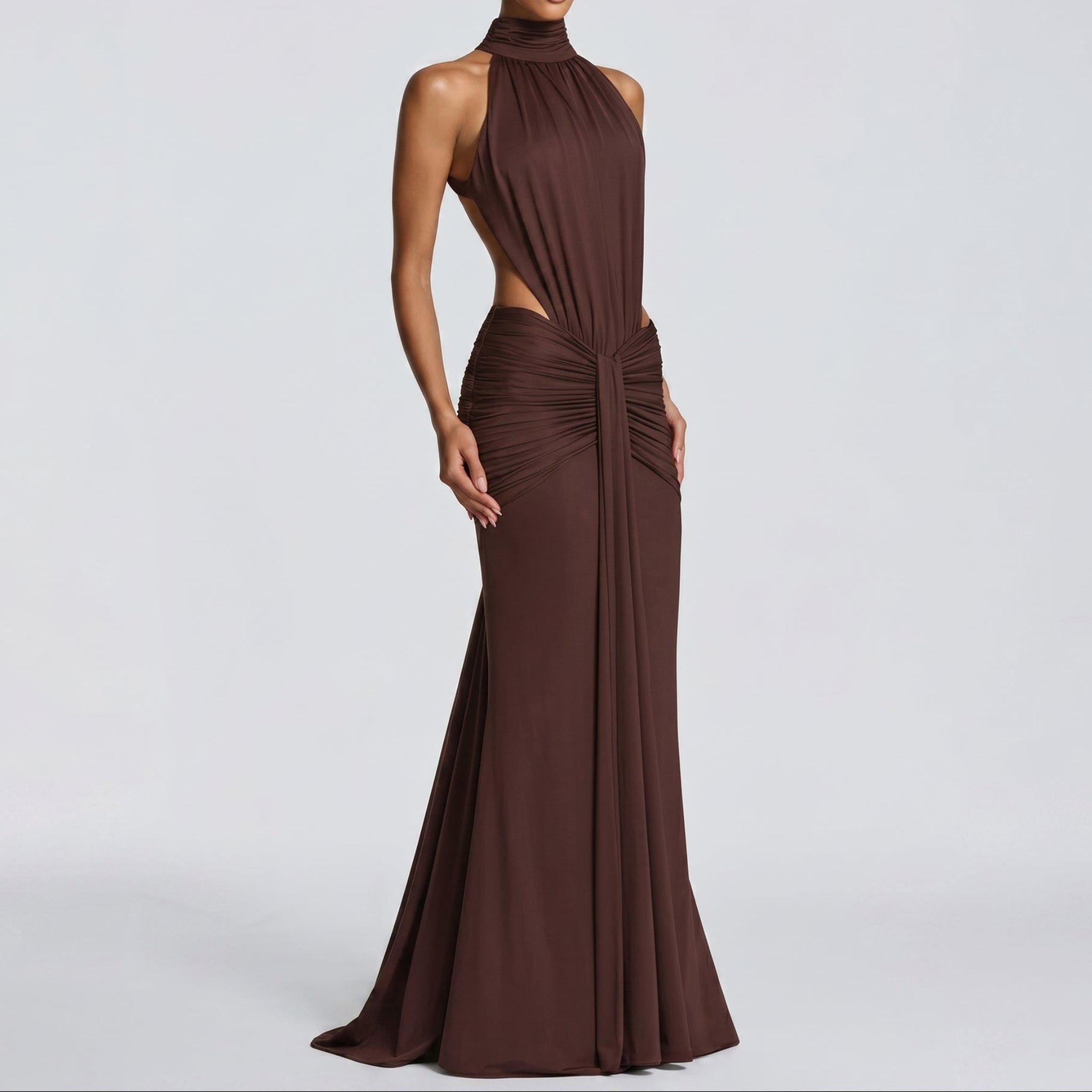 Naomi - Women's Evening Halterneck Bodycon Maxi Dress - Maxi Dress - Brown - Taylor & Bennett