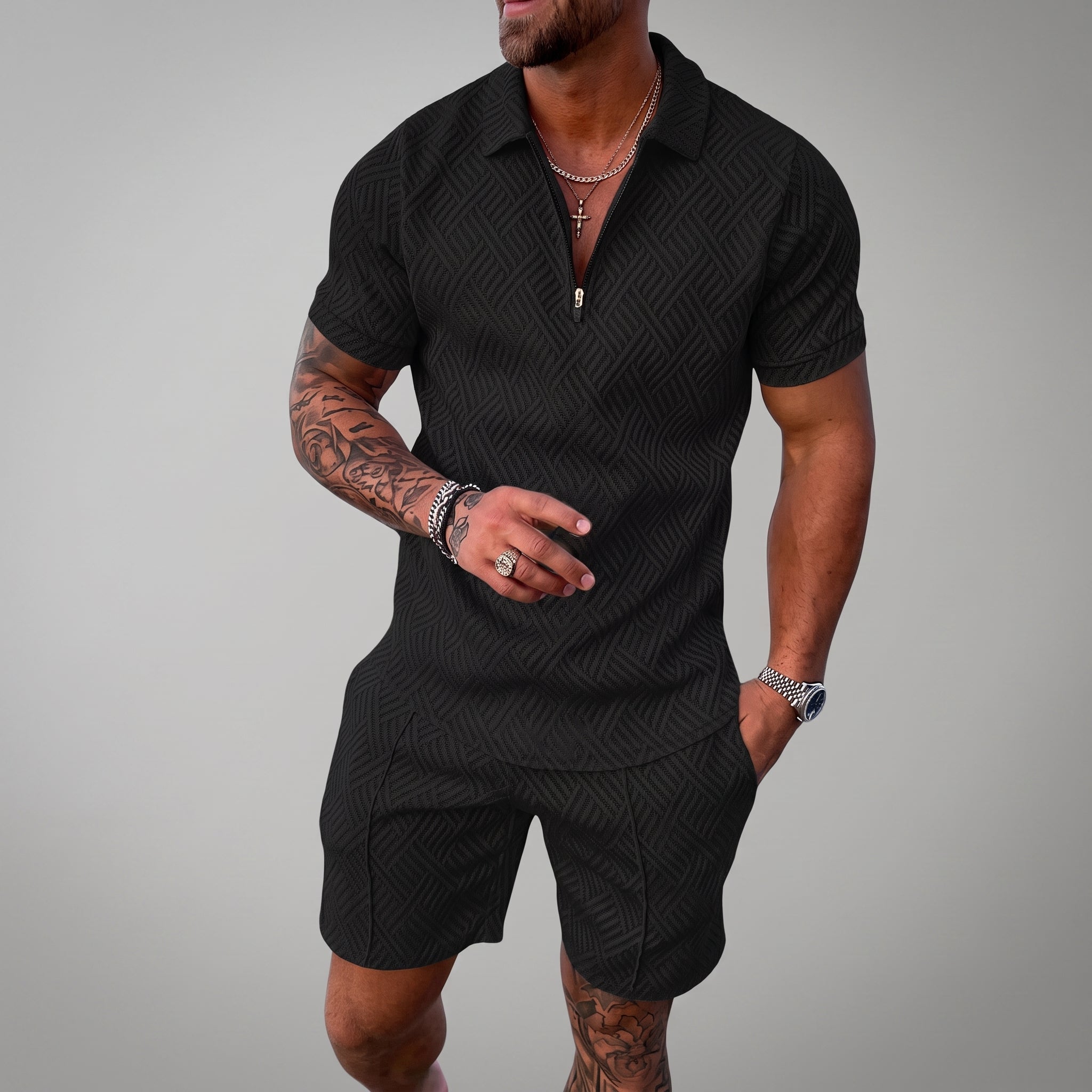 Nathan - Men's Summer Geometric Polo Short Sleeve Co-ord Set - Outfit Sets - Black - Taylor & Bennett