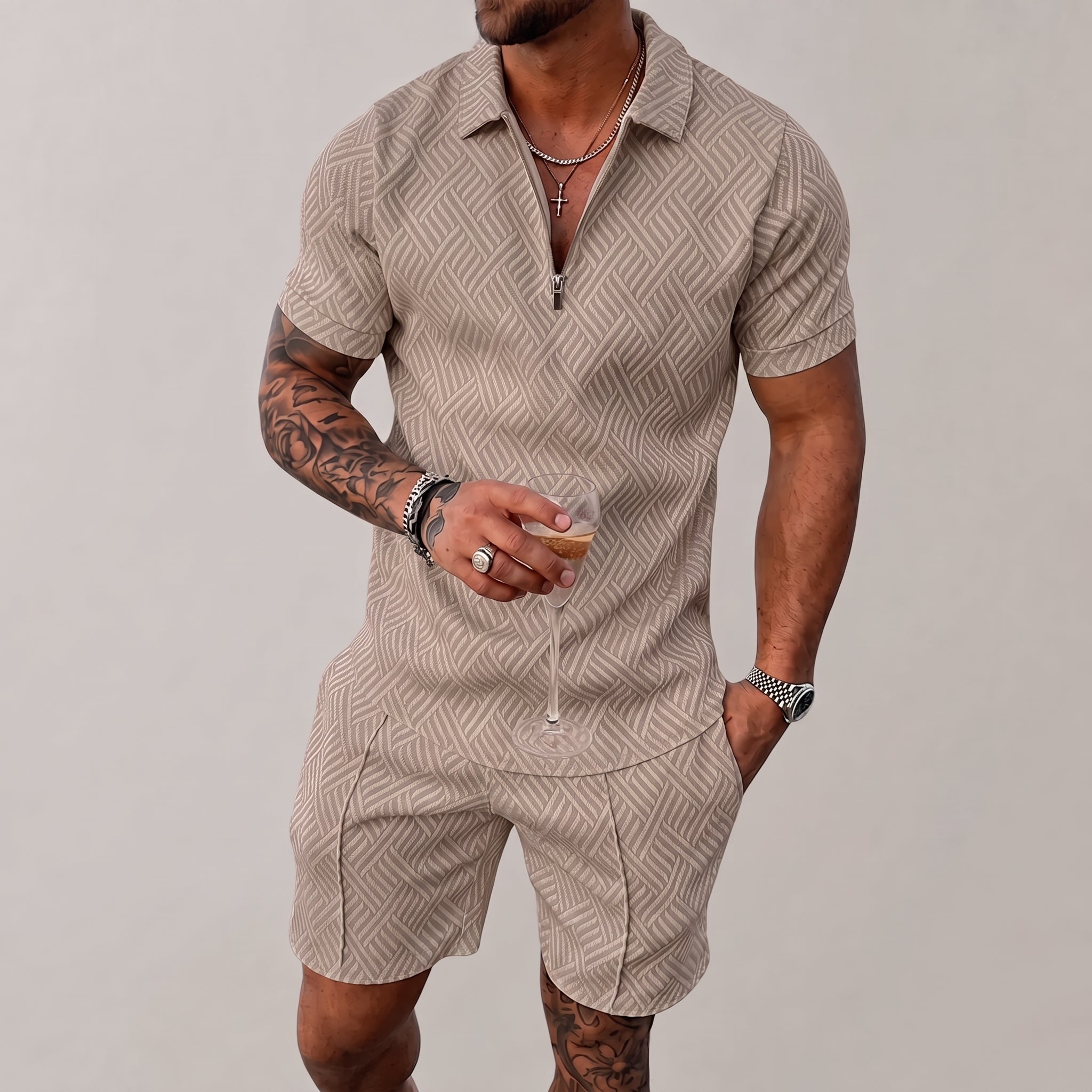 Nathan - Men's Summer Geometric Polo Short Sleeve Co-ord Set - Outfit Sets - Khaki - Taylor & Bennett