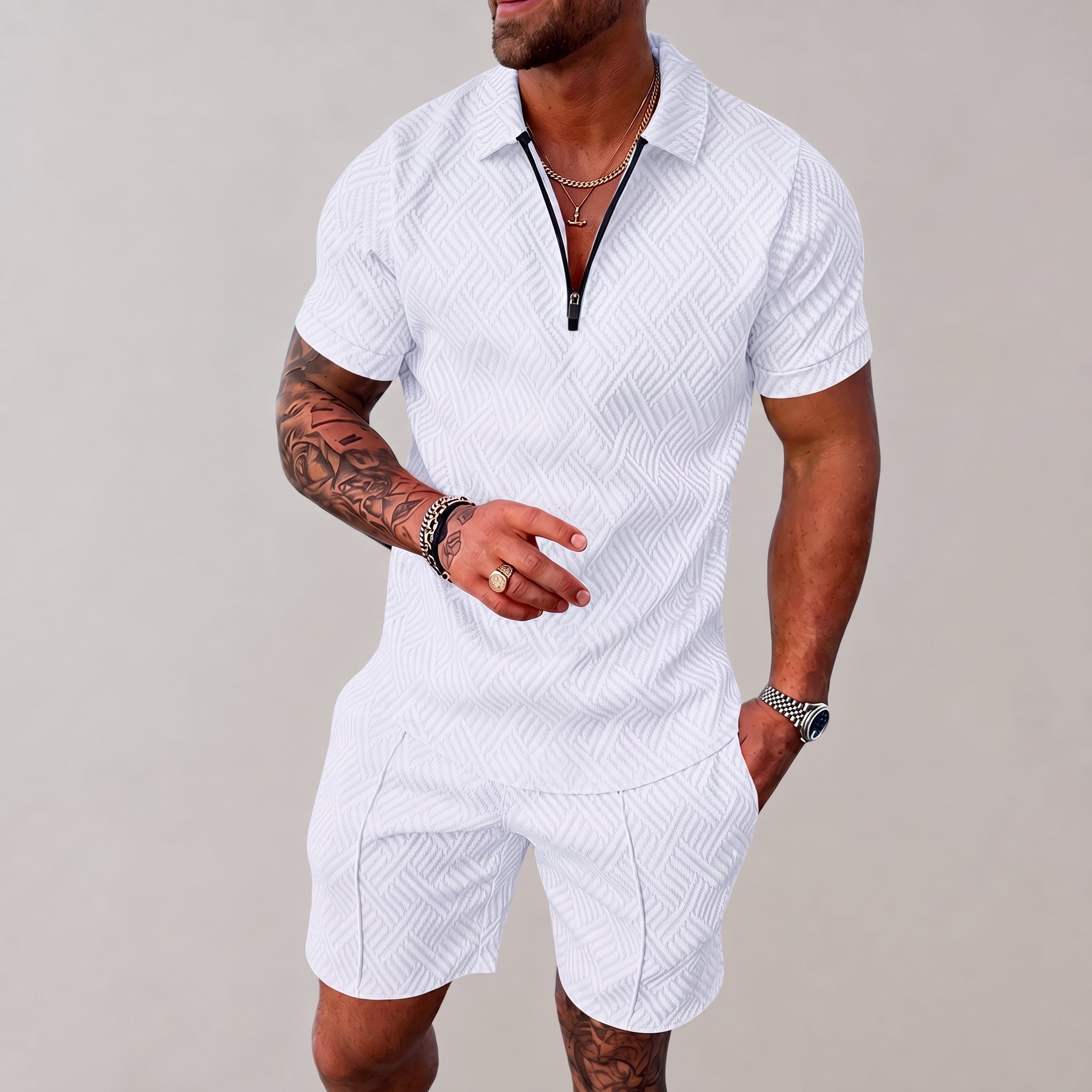 Nathan - Men's Summer Geometric Polo Short Sleeve Co-ord Set - Outfit Sets - White - Taylor & Bennett