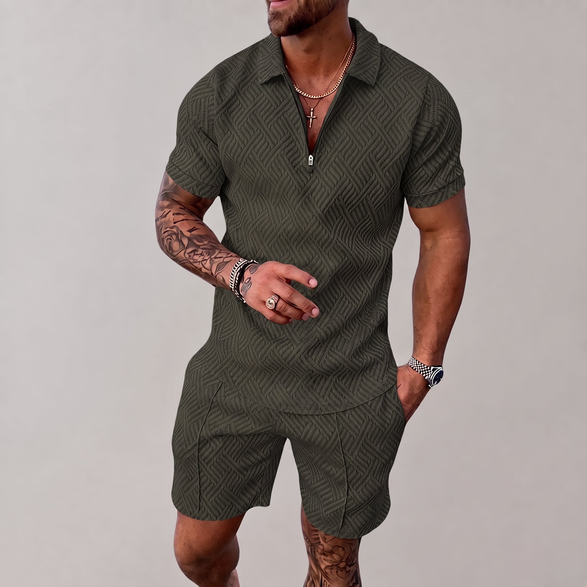 Nathan - Men's Summer Geometric Polo Short Sleeve Co-ord Set - Outfit Sets - Green - Taylor & Bennett