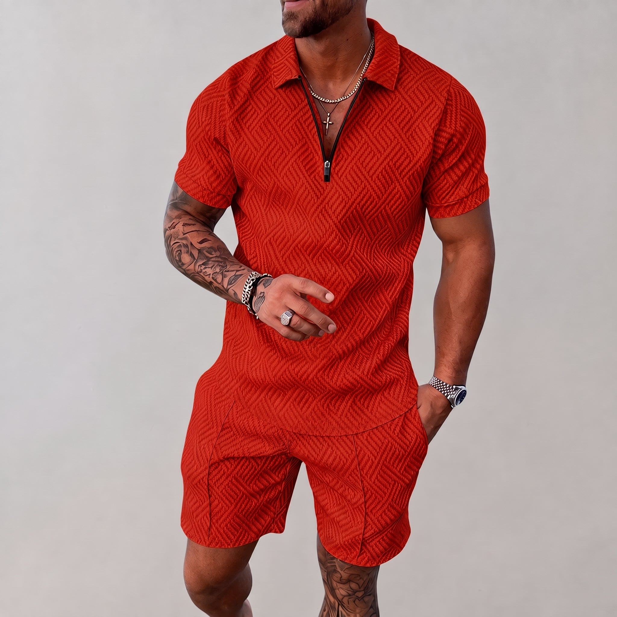 Nathan - Men's Summer Geometric Polo Short Sleeve Co-ord Set - Outfit Sets - Red - Taylor & Bennett