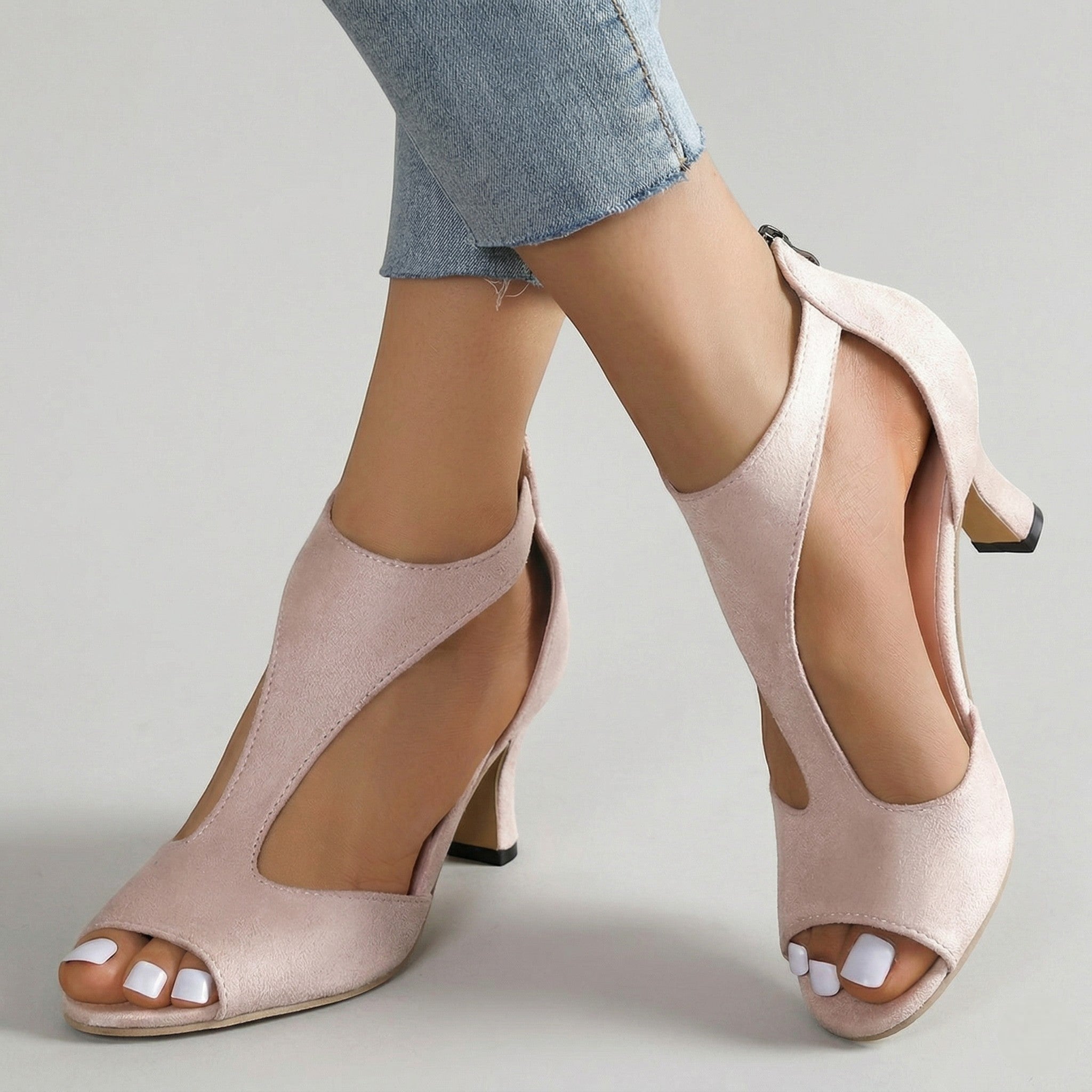 Nina - Women's Cut - Out Block Heel Sandals with Back Zip - Sandals - Pink - Taylor & Bennett