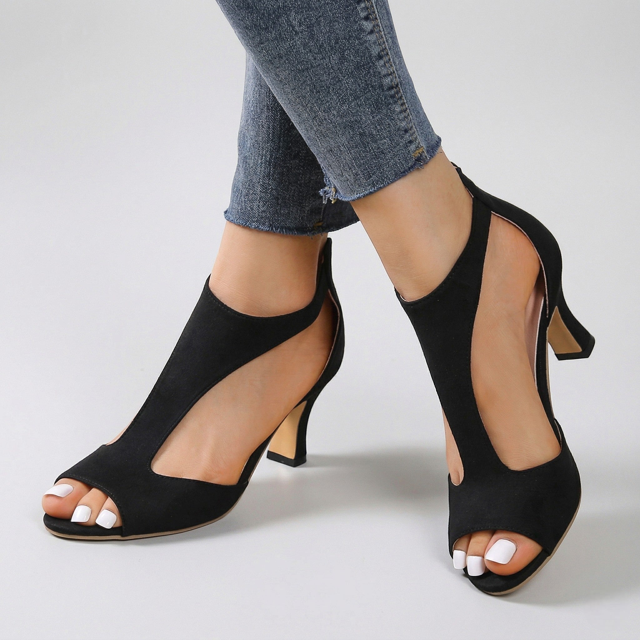 Nina - Women's Cut - Out Block Heel Sandals with Back Zip - Sandals - Black - Taylor & Bennett