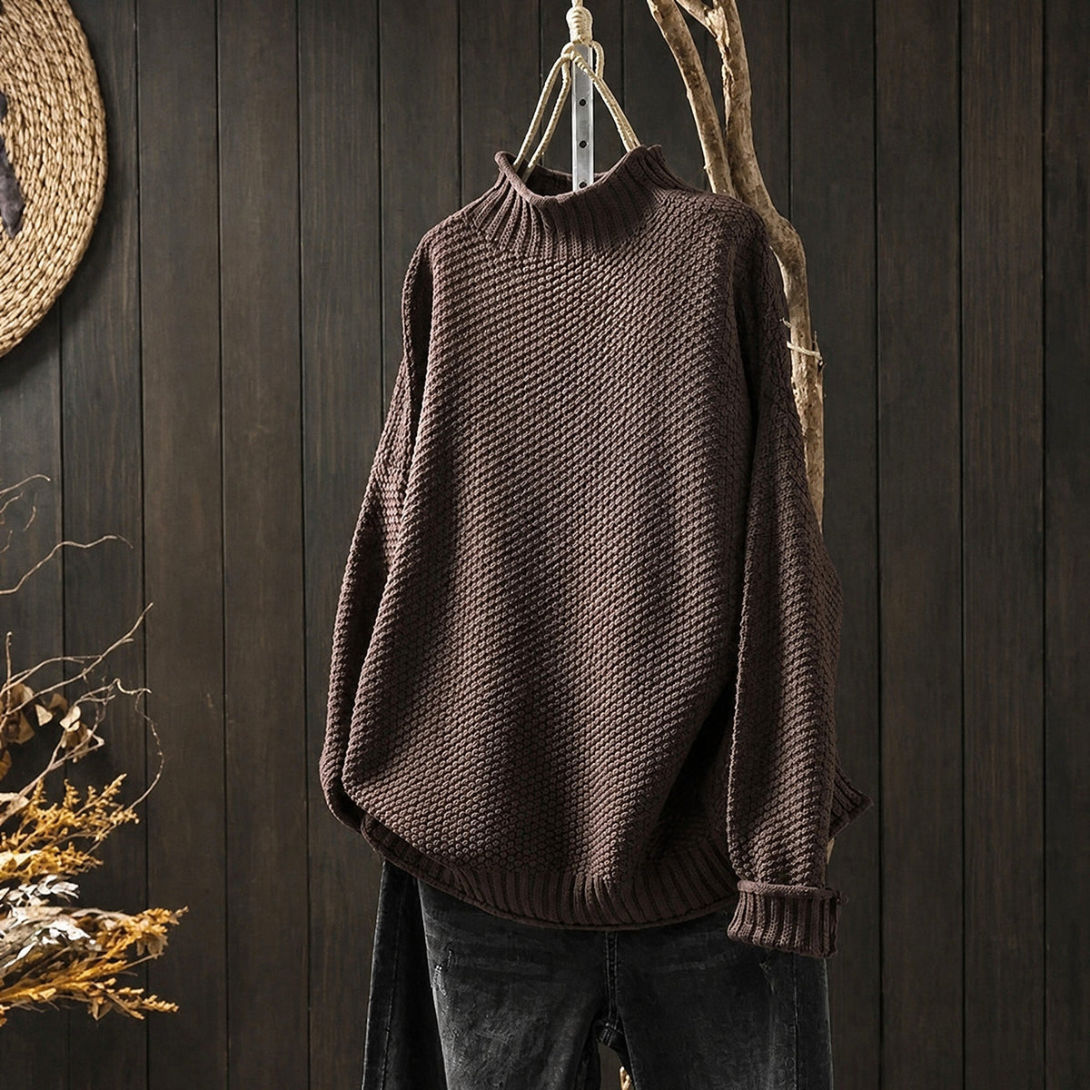 Oliver - Men's Chunky Knit Turtleneck Jumper with Oversized Fit - Sweaters - Brown - Taylor & Bennett