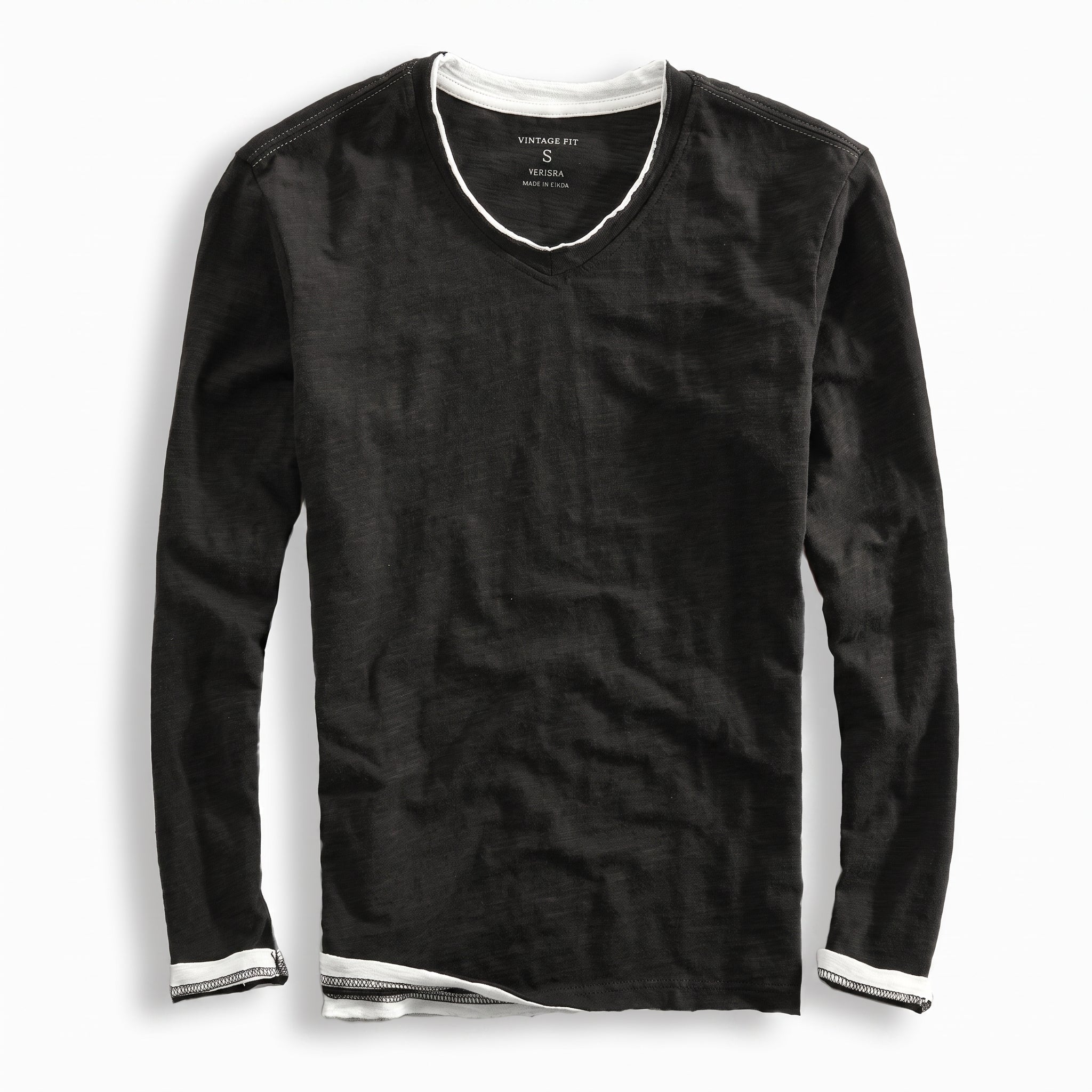 Oliver - Men's Long Sleeve V-Neck Layered T-Shirt with Contrast Trim - T-Shirts - Black - Taylor & Bennett